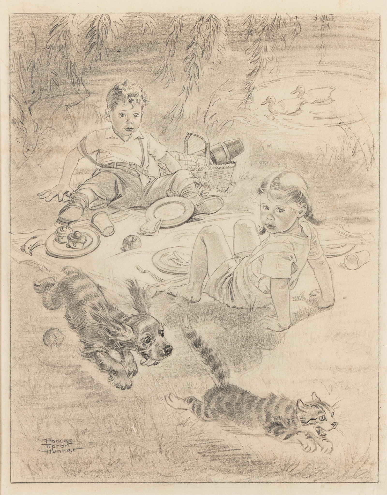 Frances Tipton Hunter, (1896-1957), Study, boy and girl picnicking with a dog chasing a cat. Circa (1 of 1)