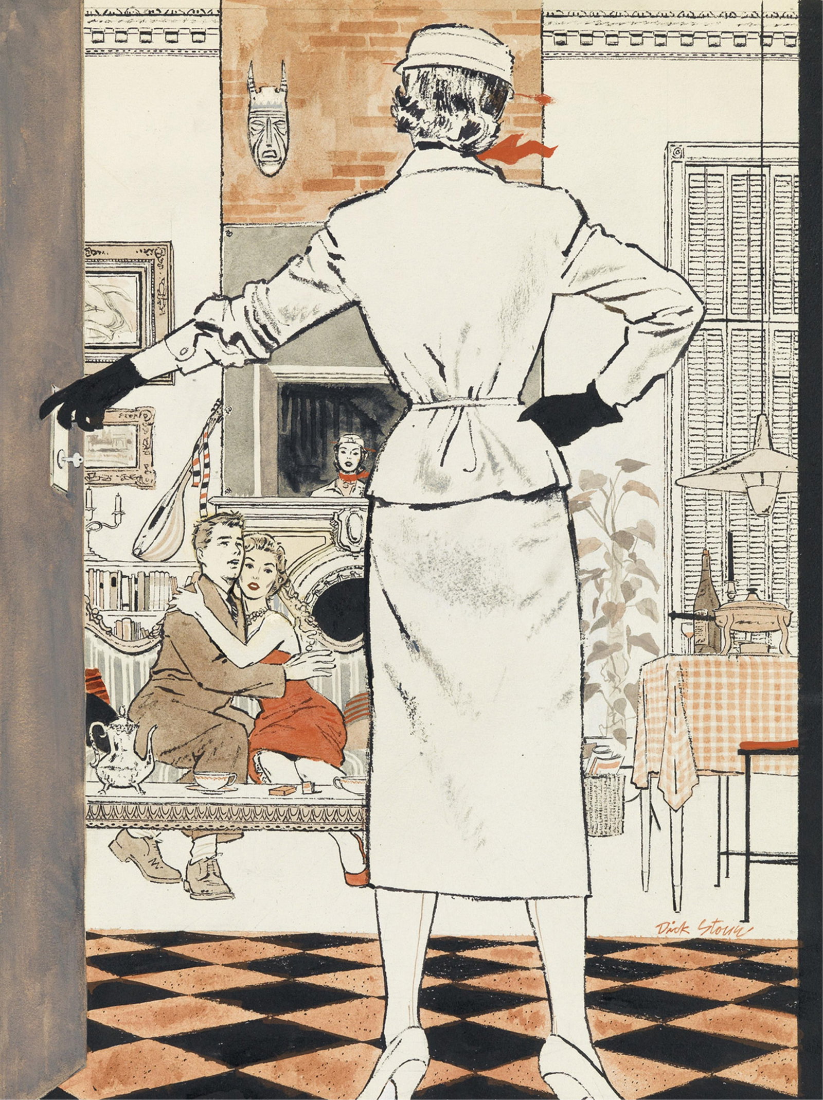Richard Stone, (1925-2025), Caught! 1953.: Richard Stone (1925-2025) Caught! 1953. Casein with collage on board. Signed "Dick Stone" in lower right. Publication: Story illustration published in Woman's Day magazine, 1953. 22 x 18 1/2