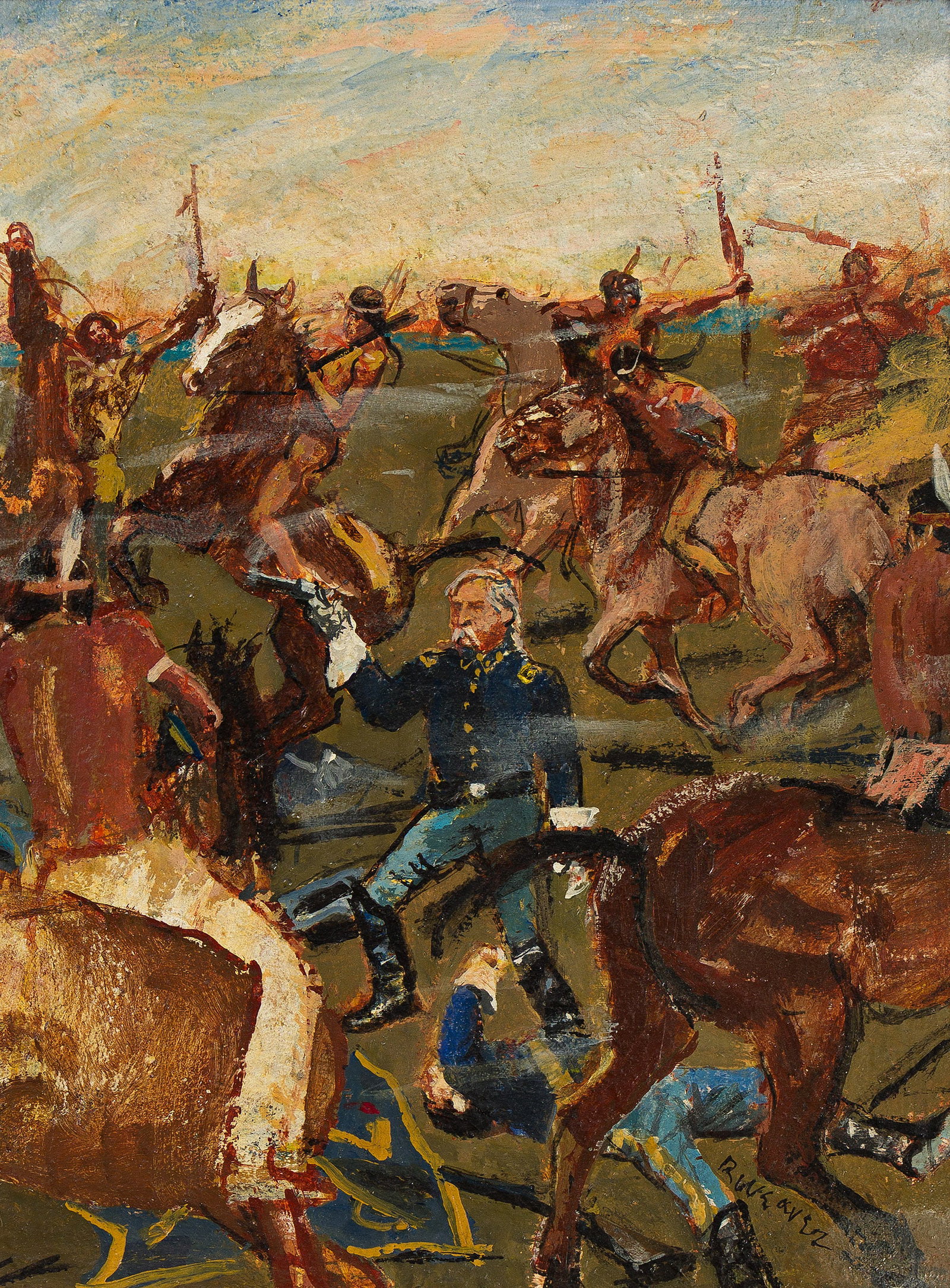 Robert L Weaver, (1924-1994), Custer, Little Big Horn. Circa 1970.: Robert L Weaver (1924-1994) Custer, Little Big Horn. Circa 1970. Oil on panel. Signed in lower right. 23 x 18 in. (58.4 x 45.7 cm.) Additional Details Provenance: Private collec