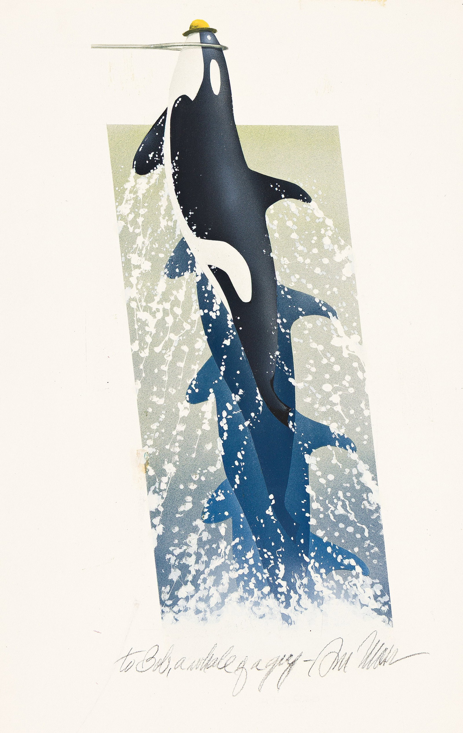 Donald Moss, (1920-2010), Run Noisy, Run Deep. 1974.: Donald Moss (1920-2010) Run Noisy, Run Deep. 1974. Mixed media including airbrush on board. Inscribed and signed, "To Bob, a whale of a guy - Don Moss." Includes a copy of the magazine issue. Publicat