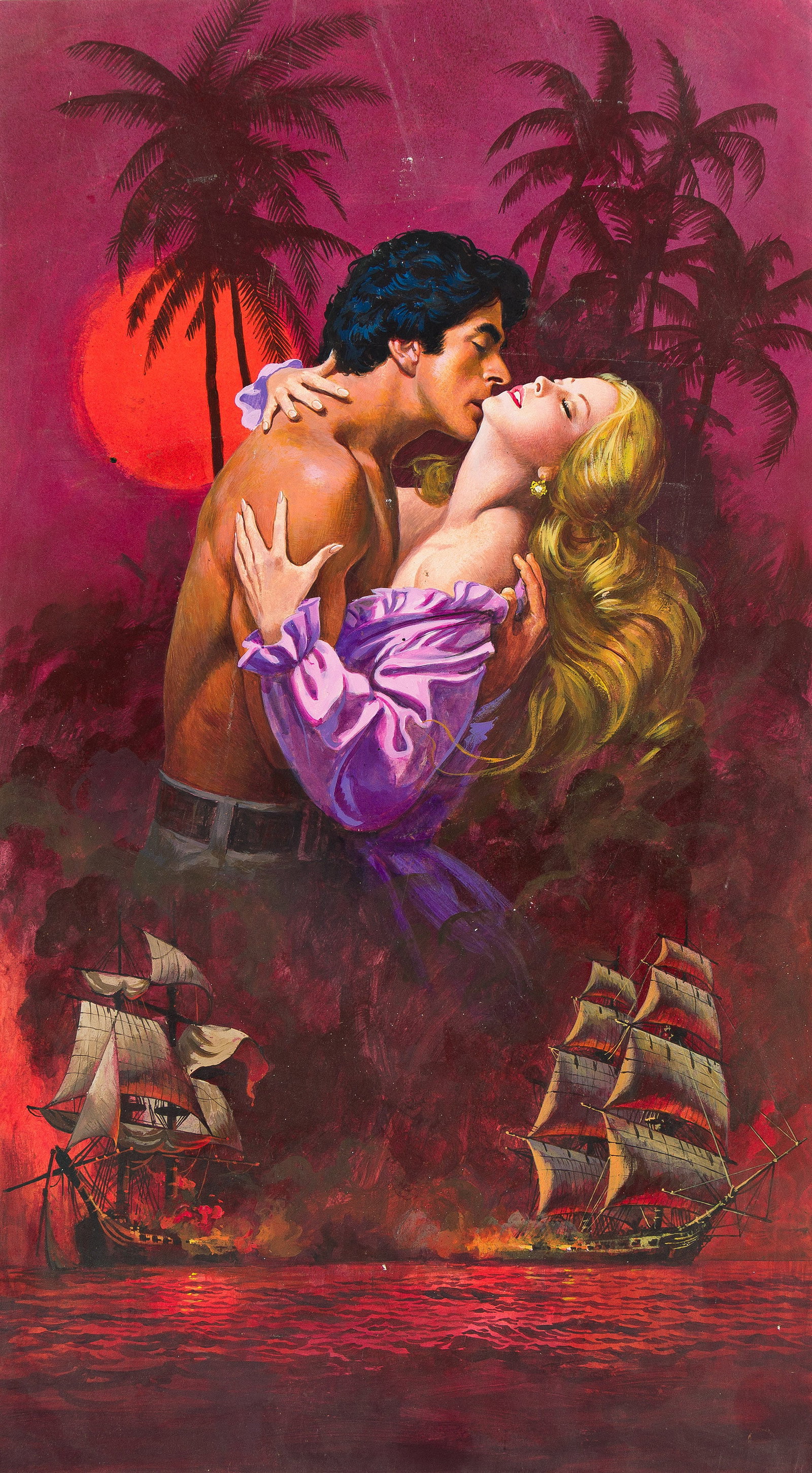 Hector Garrido, (1928-2020), Pirate romance clinch. Circa 1980.: Hector Garrido (1928-2020) Pirate romance clinch. Circa 1980. Acrylic on board. Cover art for an unidentified romance novel. tower pub 21721 written on verso. 26 1/2 x 15 1/4 in. (67.3 x 38.7 cm.) <