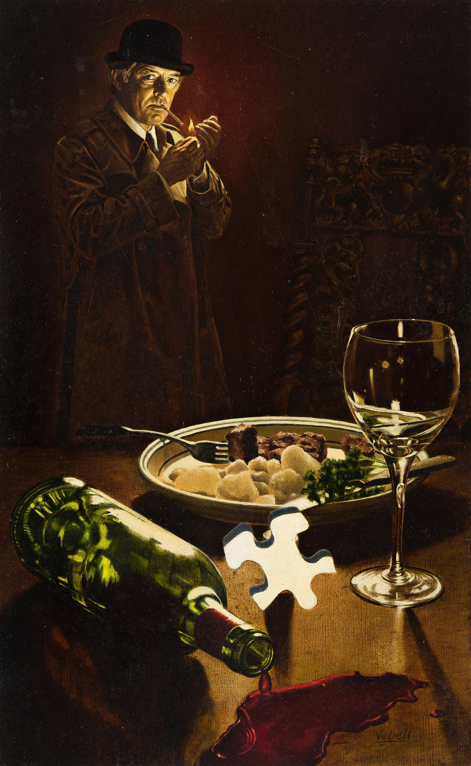 Victoria Vebell, (1952-2023), Mystery at dinner. Circa 1980.: Victoria Vebell (1952-2023) Mystery at dinner. Circa 1980. Oil on board. Publication: Most likely book cover illustration for Dell Publishing's "Scene of the Crime" or "Murder Ink" series. 24 x 16 i
