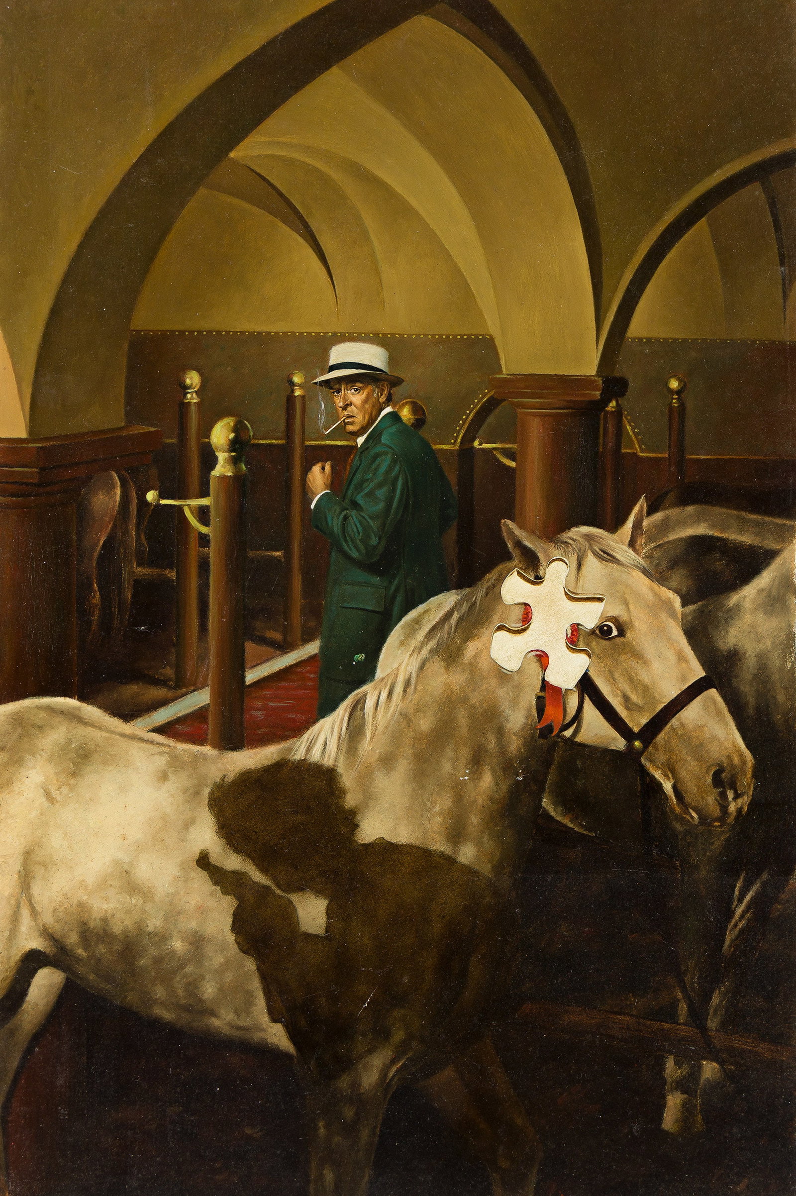 Victoria Vebell, (1952-2023), Mystery in the stables. Circa 1980.: Victoria Vebell (1952-2023) Mystery in the stables. Circa 1980. Oil on board. Publication: Most likely book cover illustration for Dell Publishing's "Scene of the Crime" or "Murder Ink" series. 23 1
