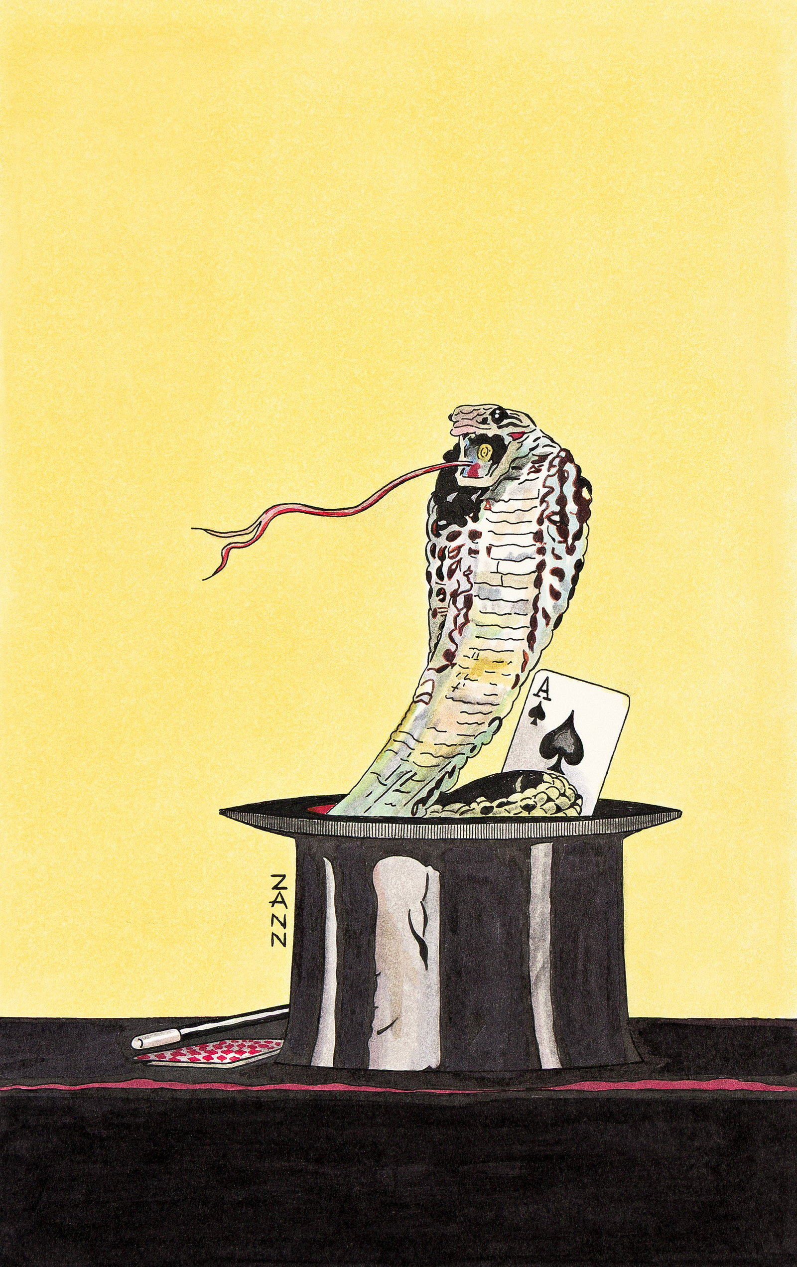 Nicky Zann, (1943-2020), He Wouldn't Kill Patience. 1988.: Nicky Zann (1943-2020) He Wouldn't Kill Patience. 1988. Graphite pencil, India ink and markers on Bristol board. Paper overlay and ink sketch. 1988. Signed "ZANN" in lower left. Publication: Cover i