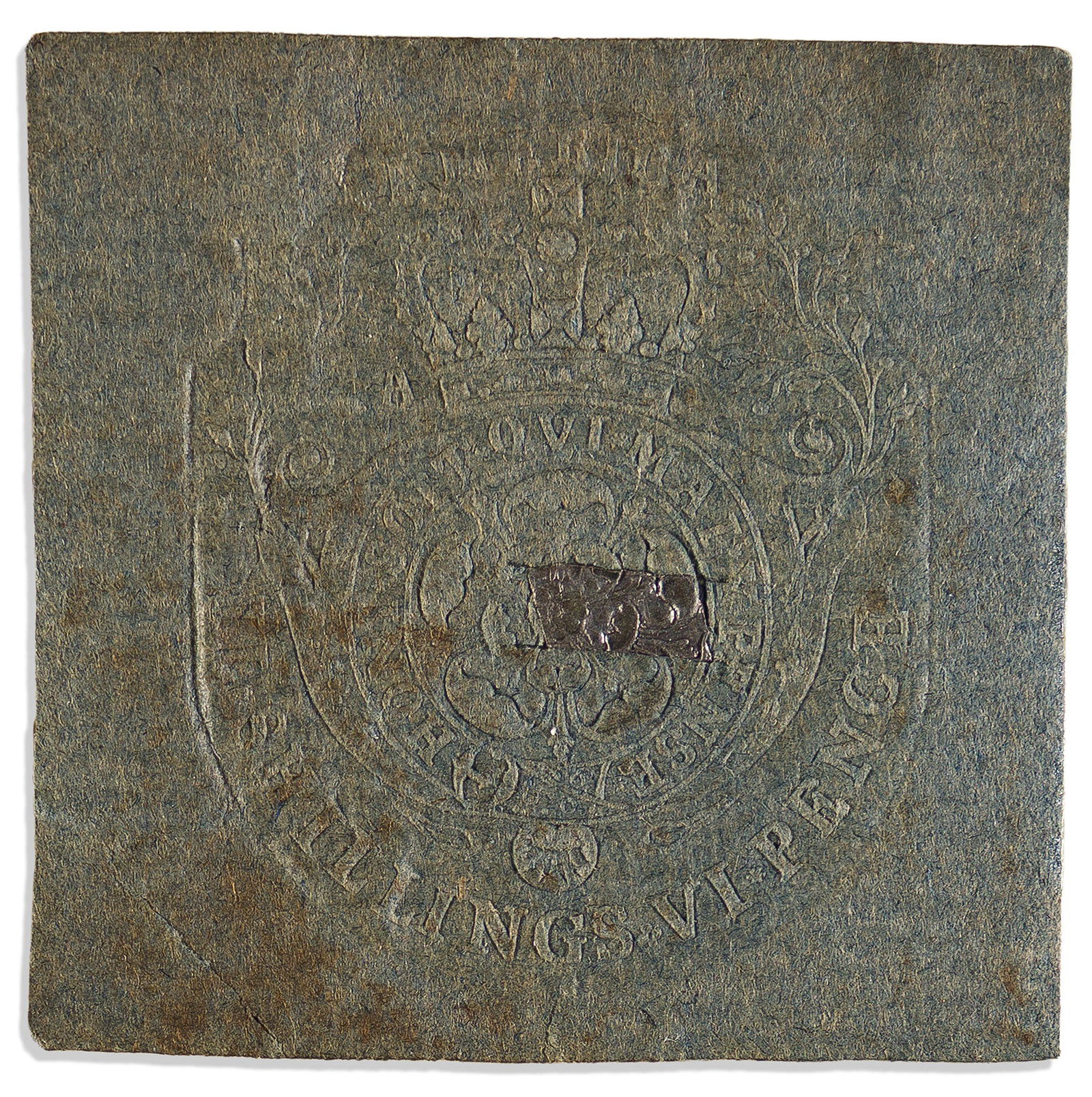 (AMERICAN REVOLUTION--PRELUDE.) Mounted stamp from the Stamp Act of 1765 (1 of 2)