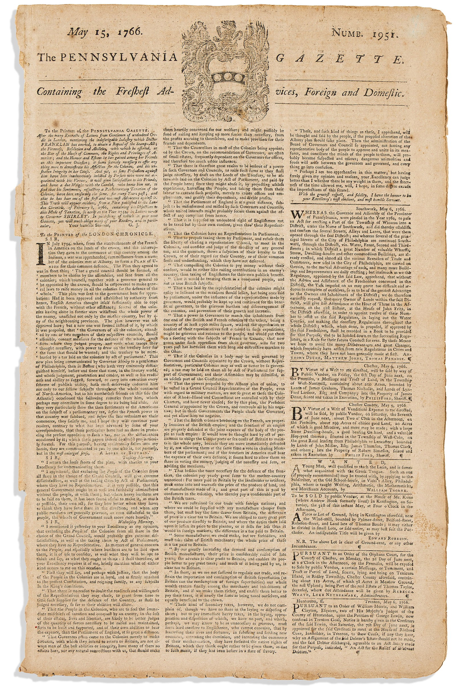 (AMERICAN REVOLUTION--PRELUDE.) Repeal of the Stamp Act discussed in the Pennsylvania Gazette, 15 (1 of 1)
