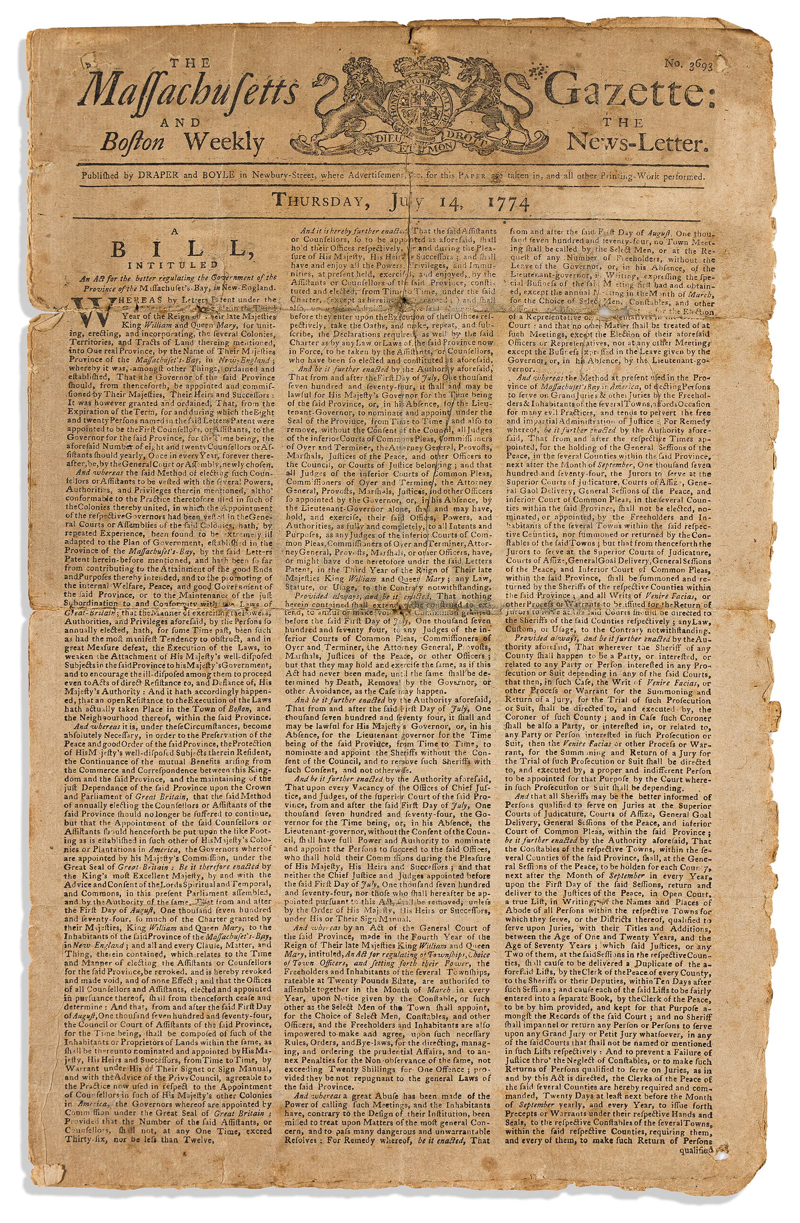 (AMERICAN REVOLUTION--PRELUDE.) The Massachusetts Governing Act, in an issue of the Massachusetts (1 of 1)