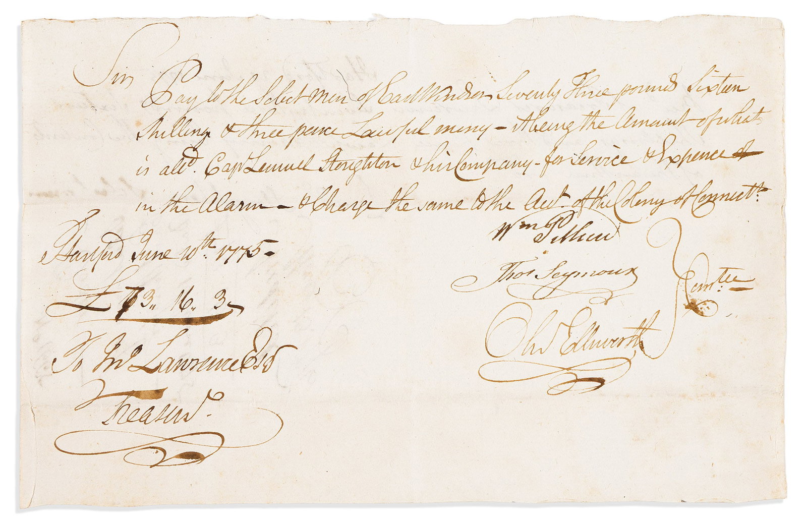 (AMERICAN REVOLUTION--1775.) Oliver Ellsworth. Pay order for a Connecticut company which answered (1 of 1)