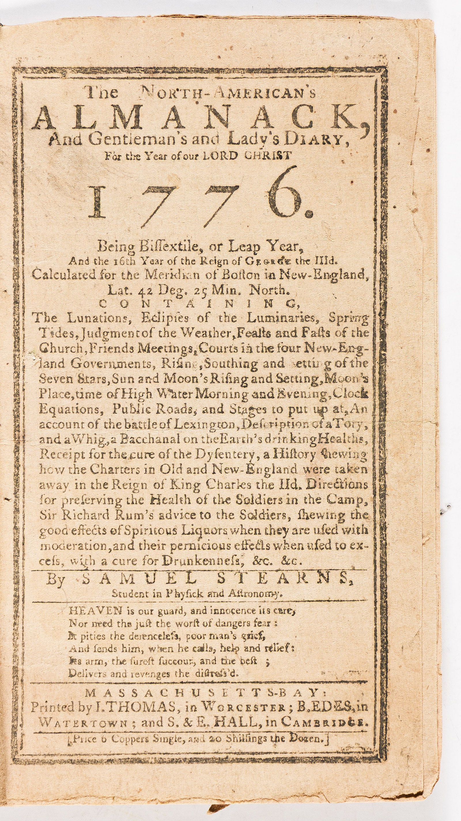 (AMERICAN REVOLUTION--1775.) Samuel Stearns. The North-American's Almanack . . . for 1776. (1 of 1)