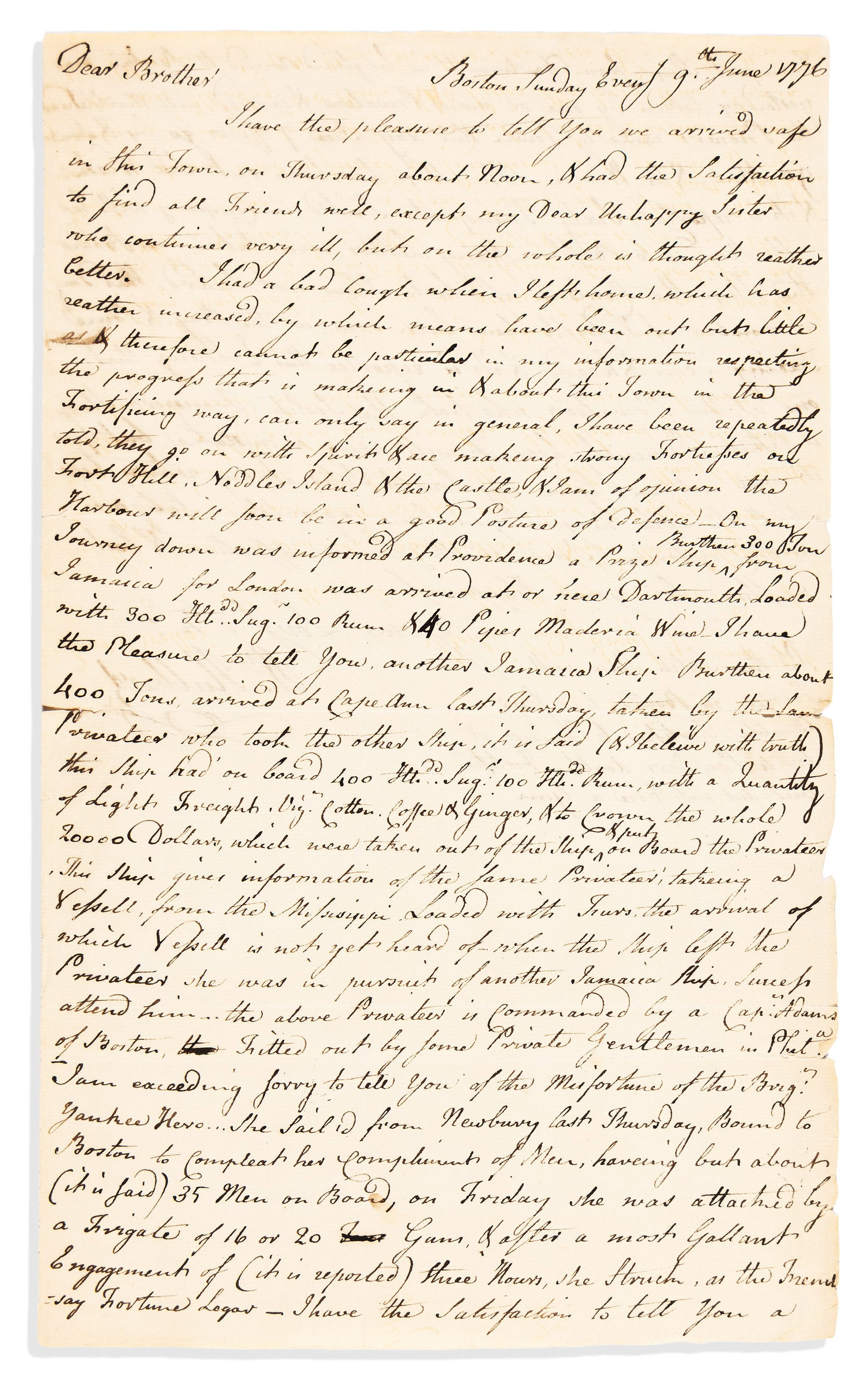 (AMERICAN REVOLUTION--1776.) William Hubbard. Letter describing the fortifications of liberated (1 of 2)