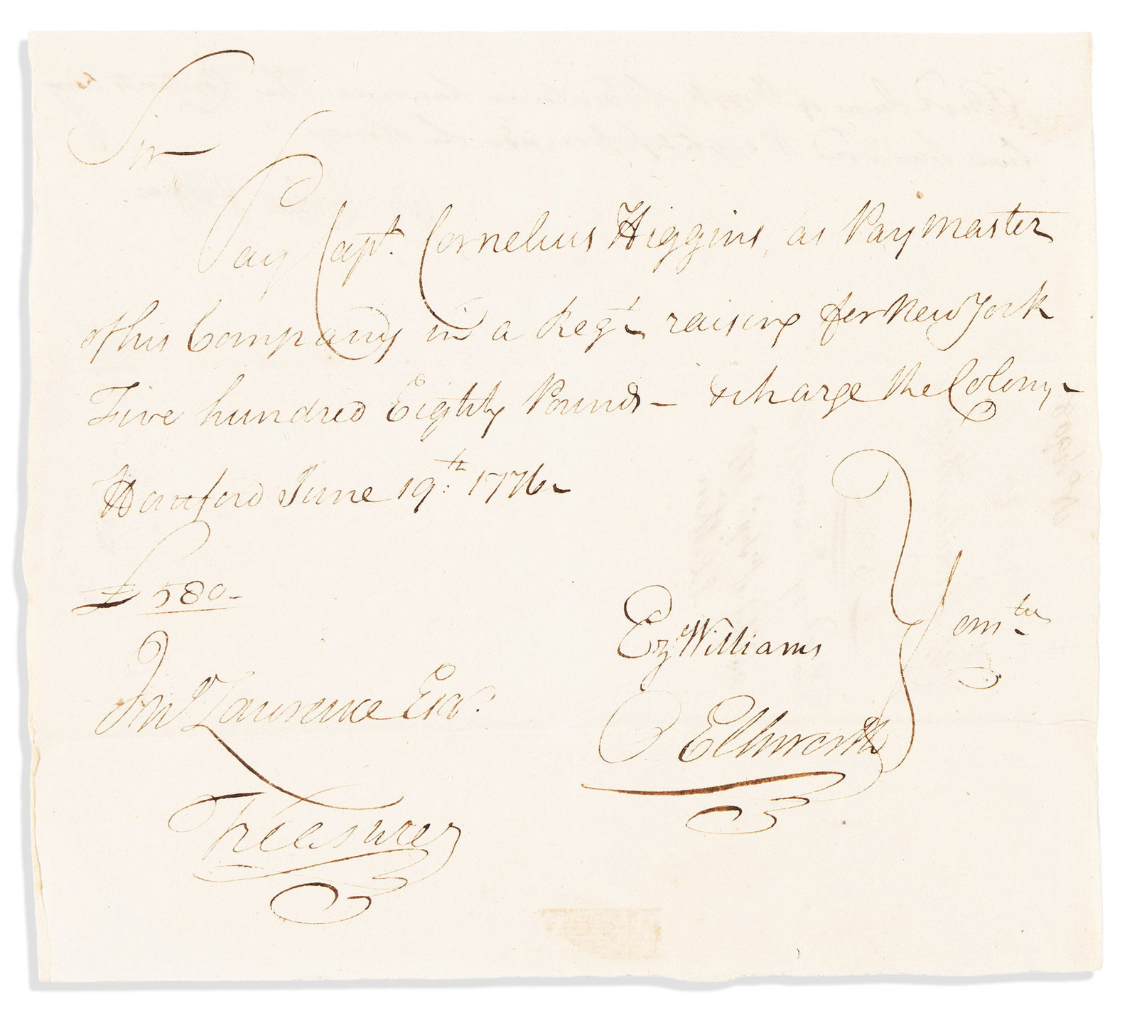 (AMERICAN REVOLUTION--1776.) Oliver Ellsworth. Order to pay members of a Connecticut militia company (1 of 1)