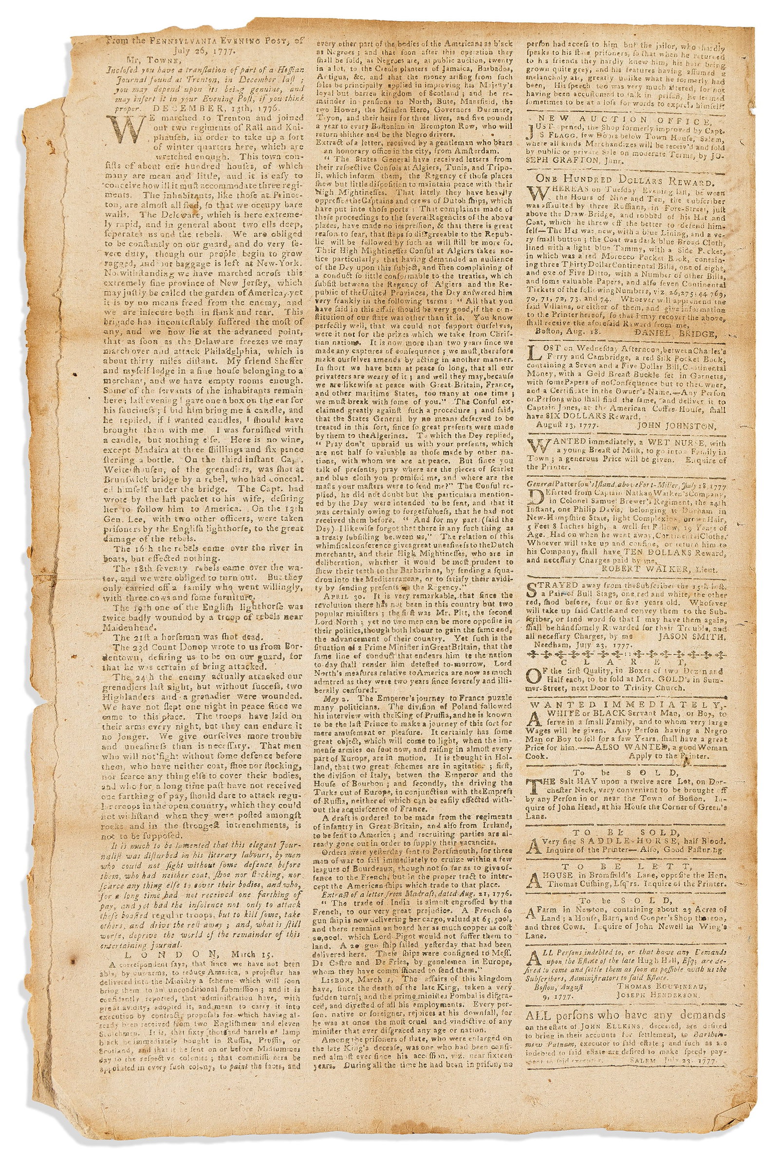 (AMERICAN REVOLUTION--1777.) Journal of a Hessian soldier at the crossing of the Delaware, in the (1 of 1)