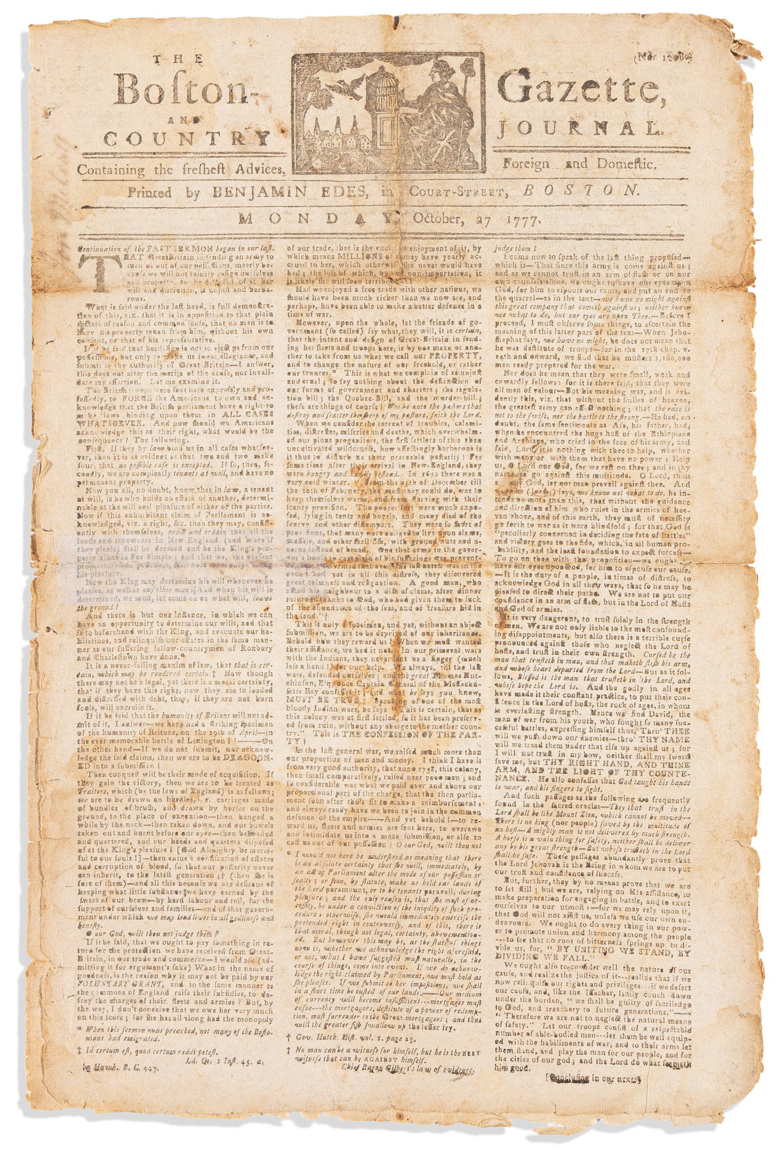(AMERICAN REVOLUTION--1777.) Issue of the Boston Gazette discussing the battles of Saratoga and (1 of 1)