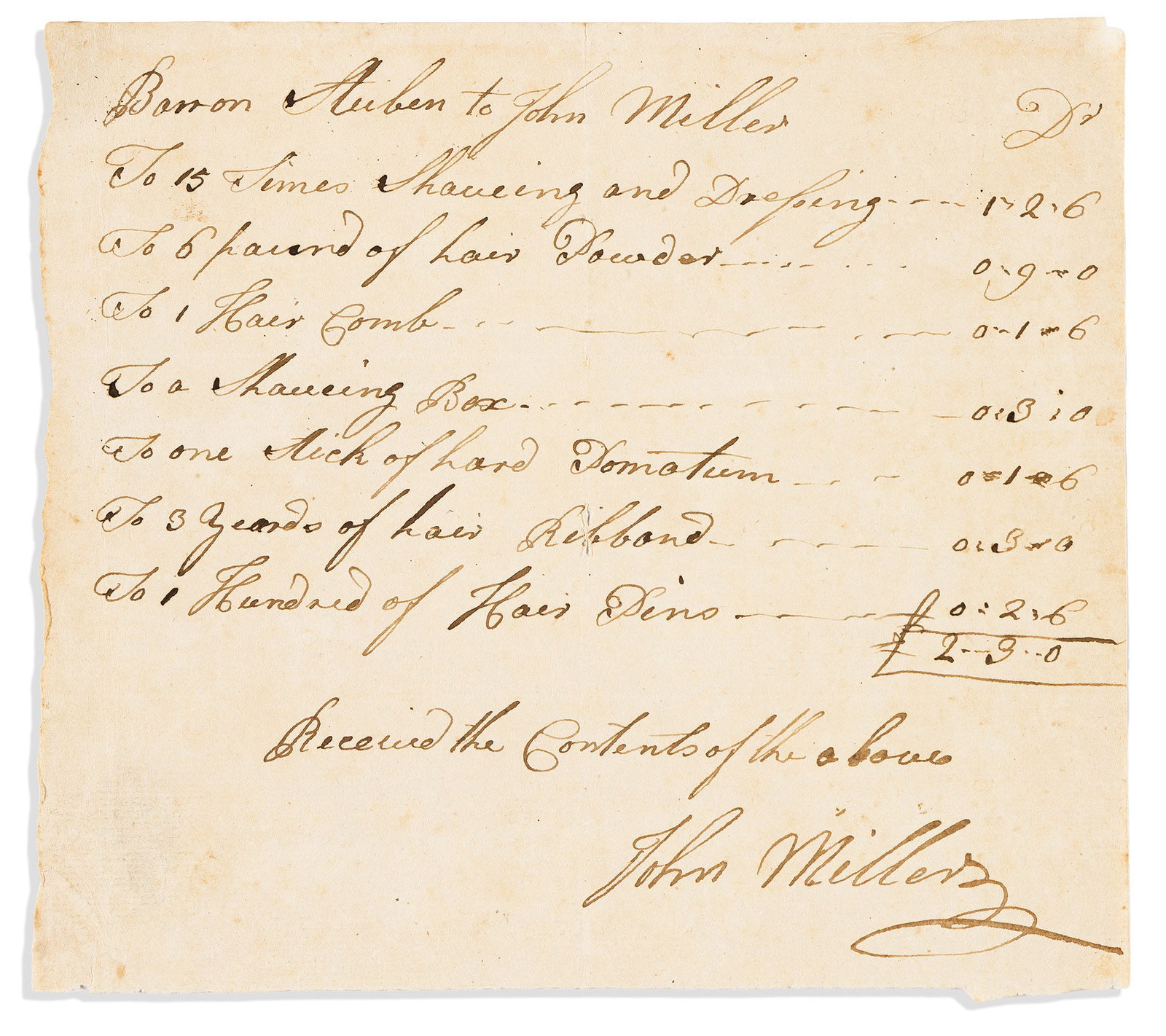 (AMERICAN REVOLUTION.) Bill to Baron von Steuben for his personal hair care. No place, circa (1 of 1)