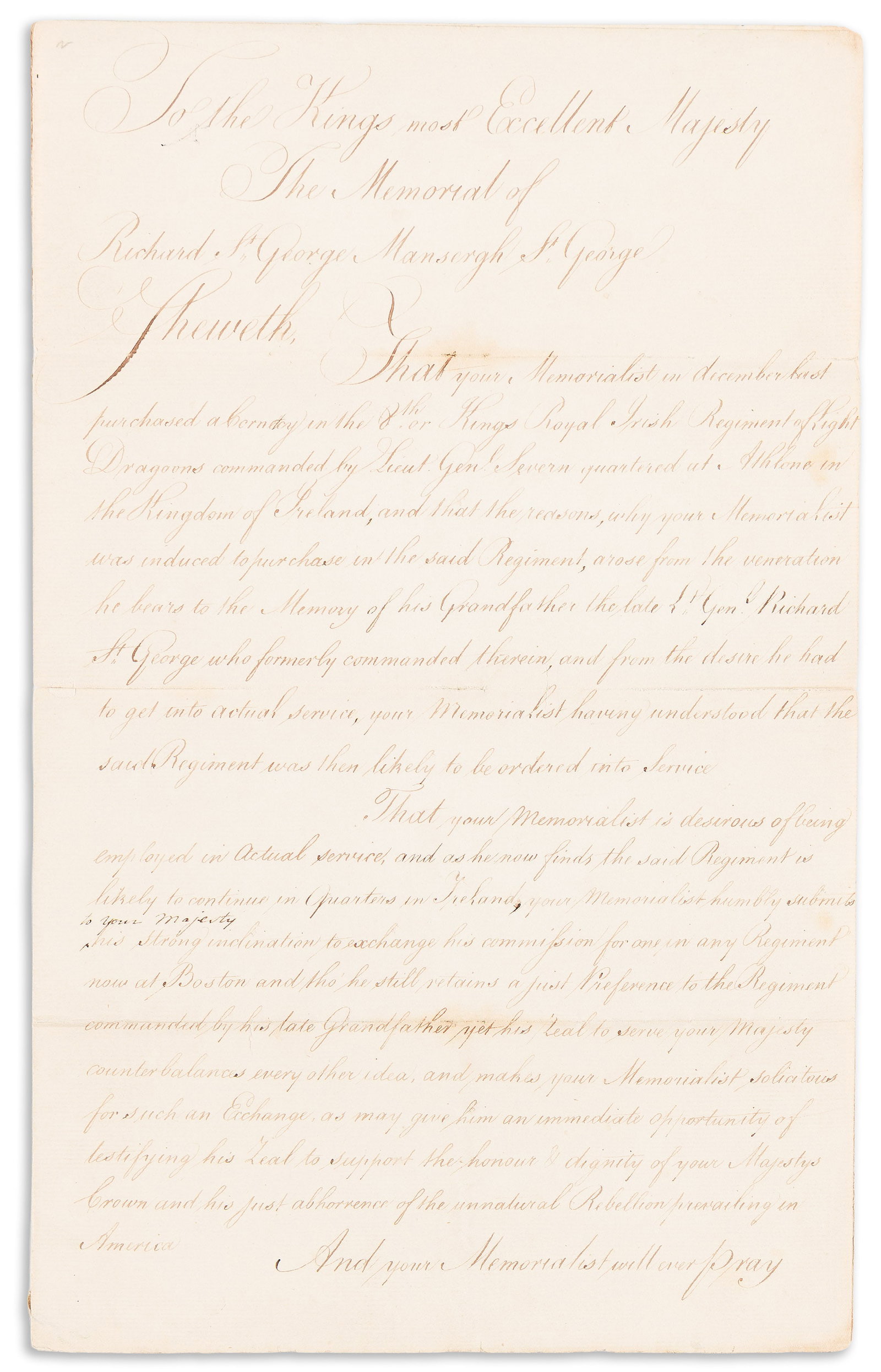 (AMERICAN REVOLUTION--1777.) Papers of British officer Richard St. George on his enlistment and the: Papers of British officer Richard St. George on his enlistment and the head wound he suffered at Germantown. Various places, 1776-1781 and undated 6 manuscript items, various sizes, variously worn, so