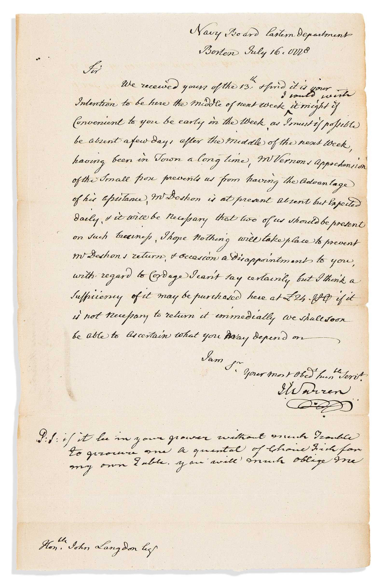 (AMERICAN REVOLUTION--1778.) James Warren. Letter negotiating the supply of cordage for the (1 of 1)