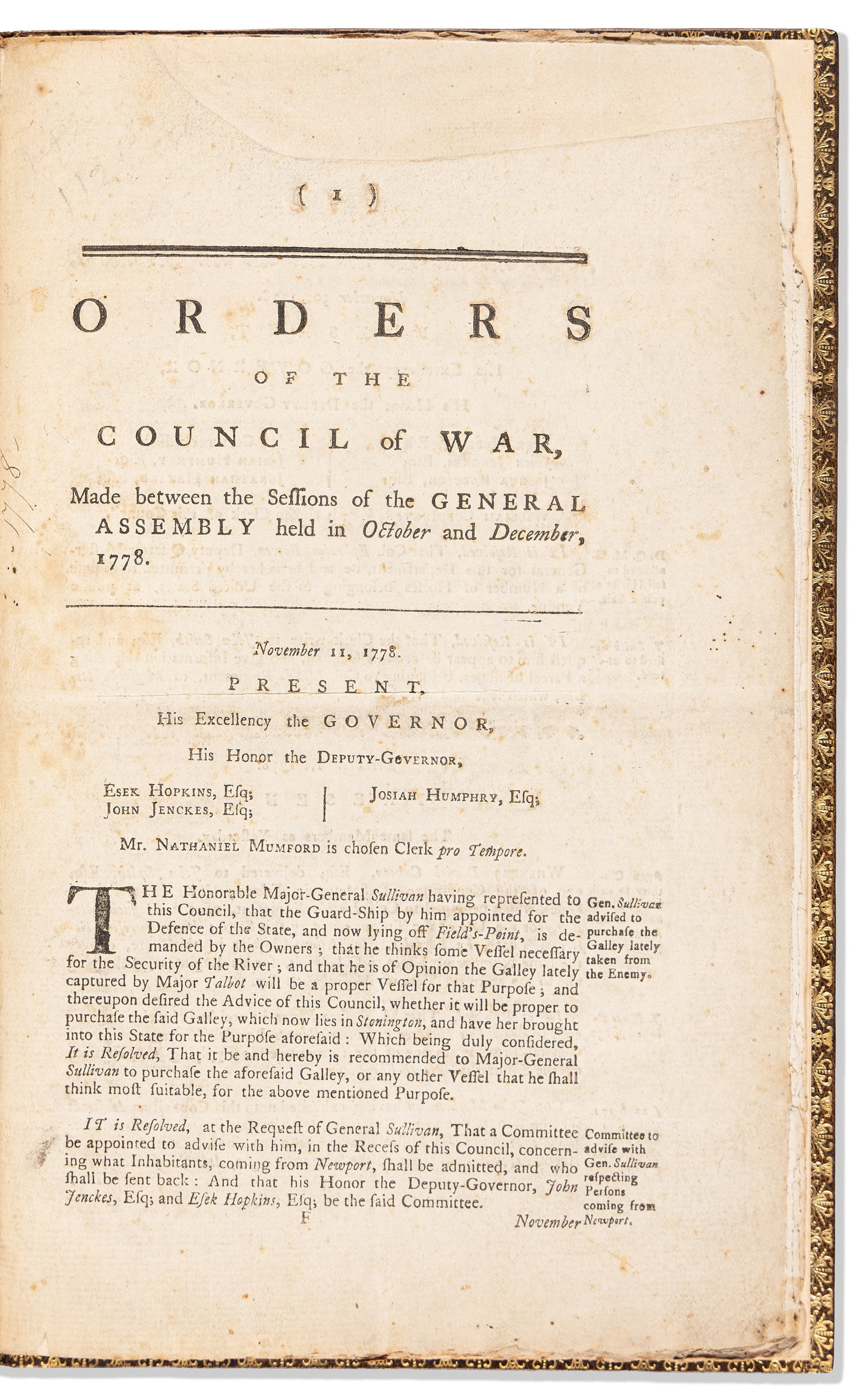 (AMERICAN REVOLUTION--1778.) Orders of the Council of War . . between the Sessions of the General: Orders of the Council of War . . . between the Sessions of the General Assembly [of Rhode Island]. Providence, RI: John Carter, [1778?] and [1779] 22, 12 pages. 2 volumes. Folio, matching modern 