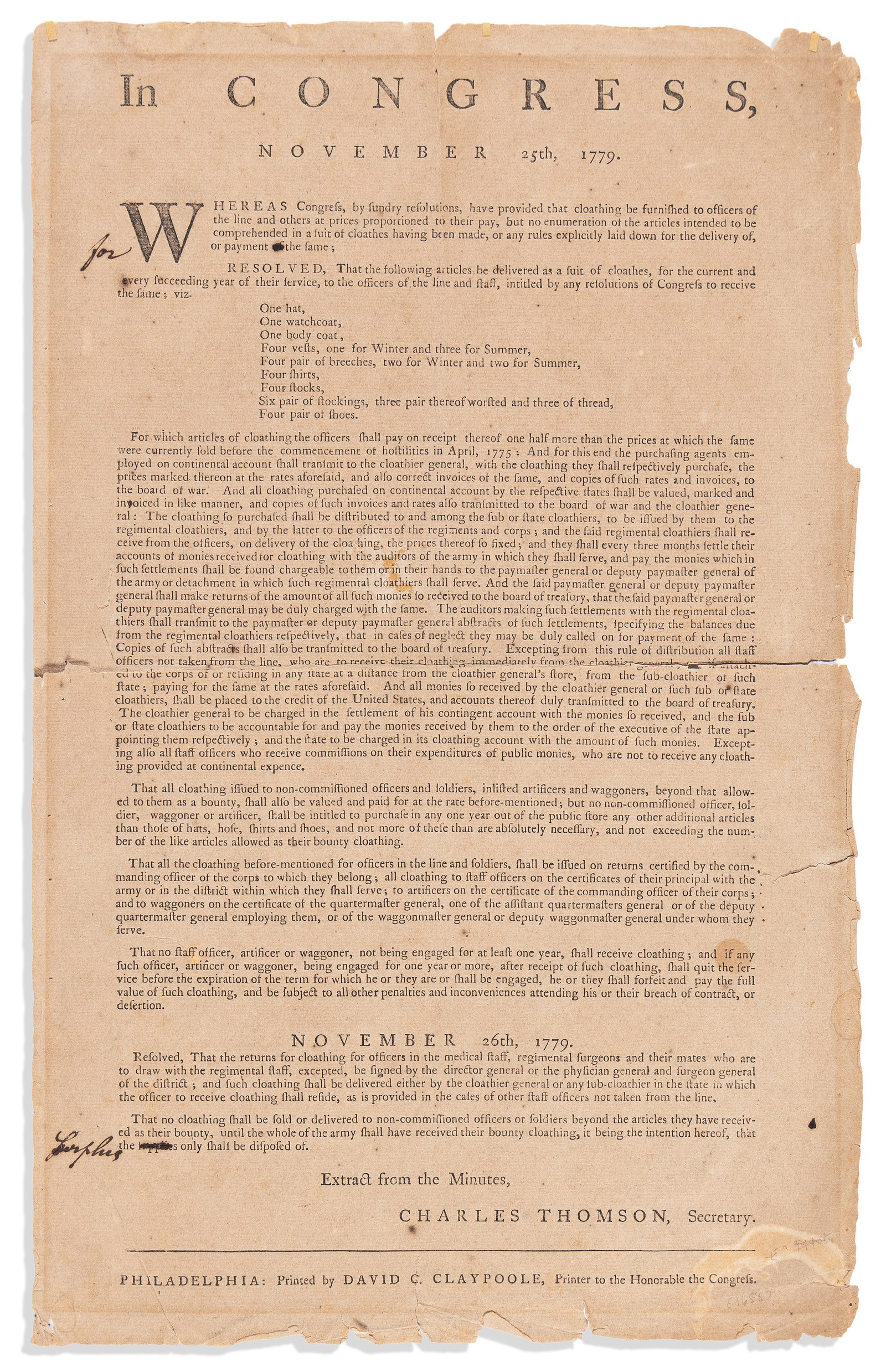 (AMERICAN REVOLUTION--1779.) Resolution of Continental Congress on clothing allotments. (1 of 1)