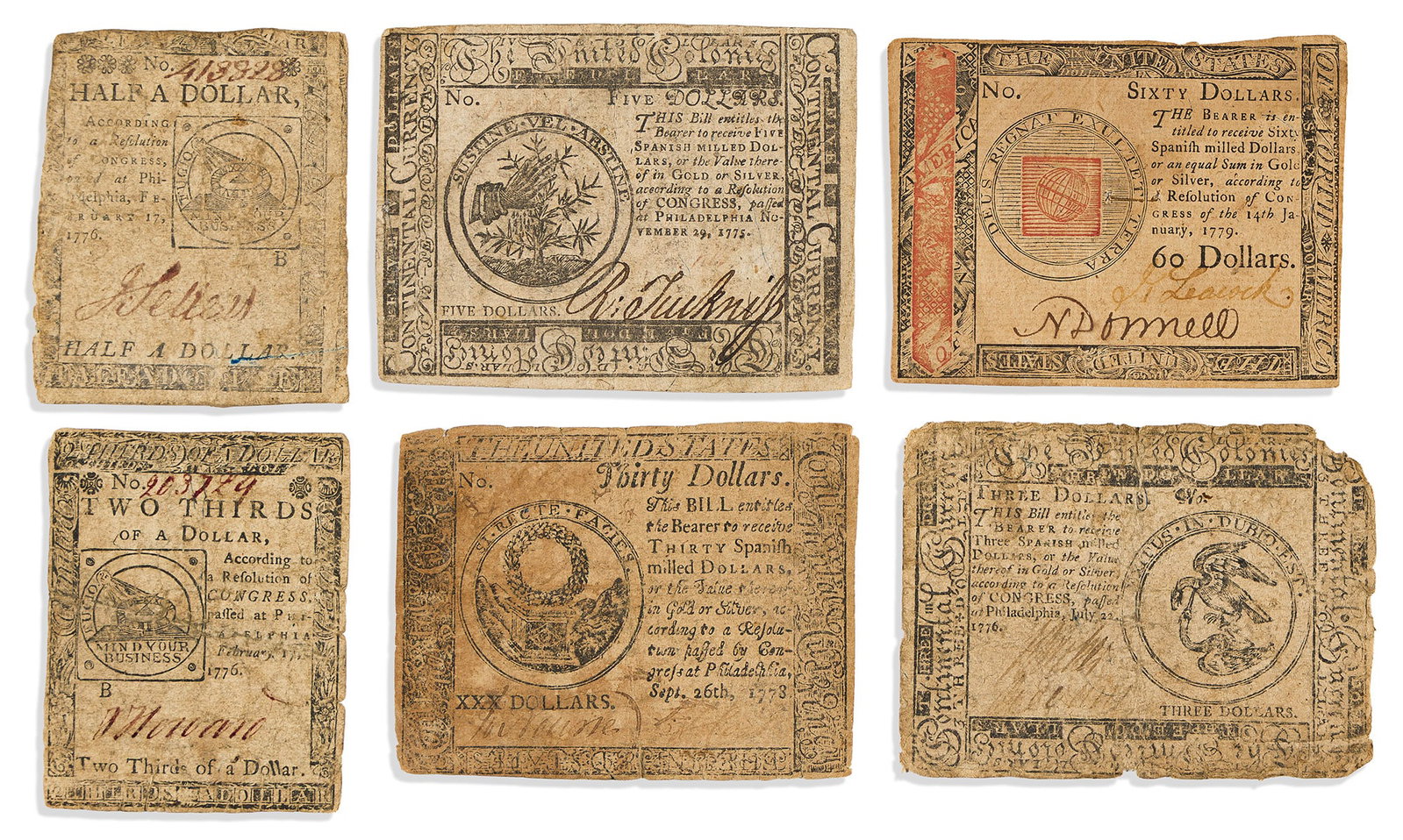 (AMERICAN REVOLUTION.) Collection of colonial and continental currency, 1771-1780 (1 of 2)