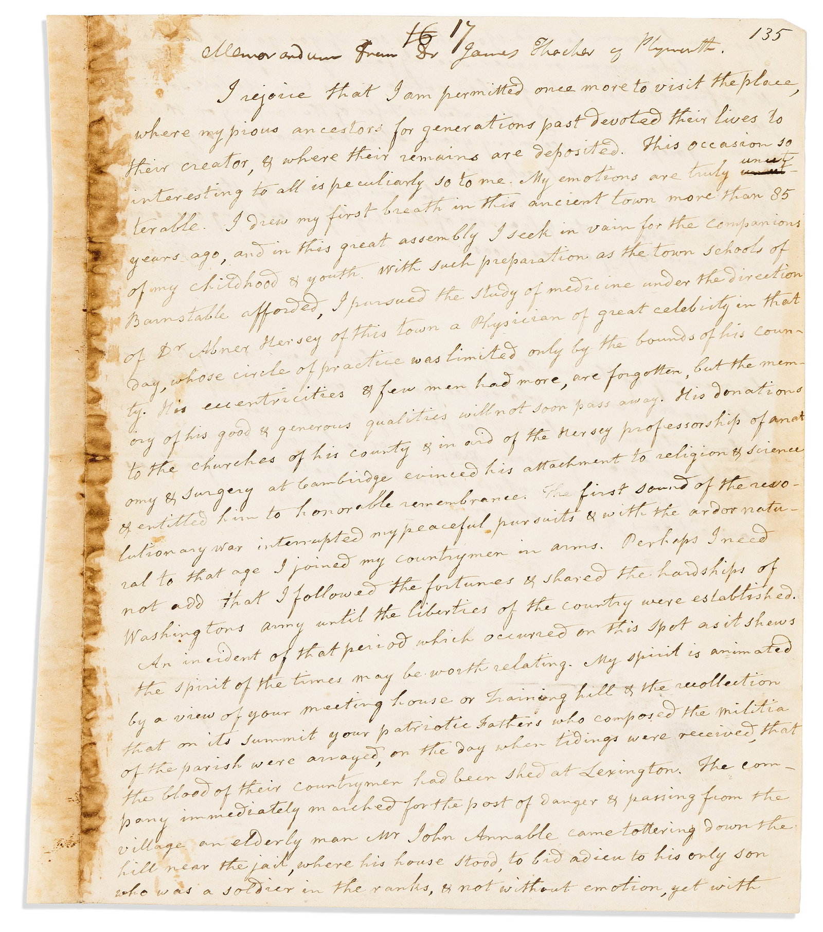 (AMERICAN REVOLUTION--HISTORY.) James Thacher. Manuscript speech on his revolutionary service. (1 of 1)