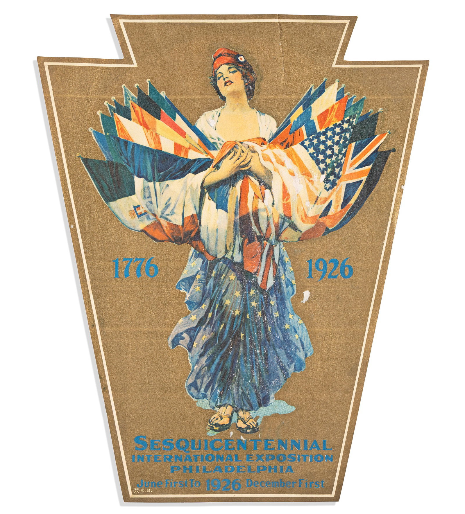 (AMERICAN REVOLUTION--HISTORY.) 1776 1926 Sesquicentennial International Exposition, Philadelphia.: 1776 1926 Sesquicentennial International Exposition, Philadelphia. Philadelphia, 1926 Die-cut chromolithograph, 12 x 9½ inches; 1¾-inch closed tear, minor abrasions. This image was also feat