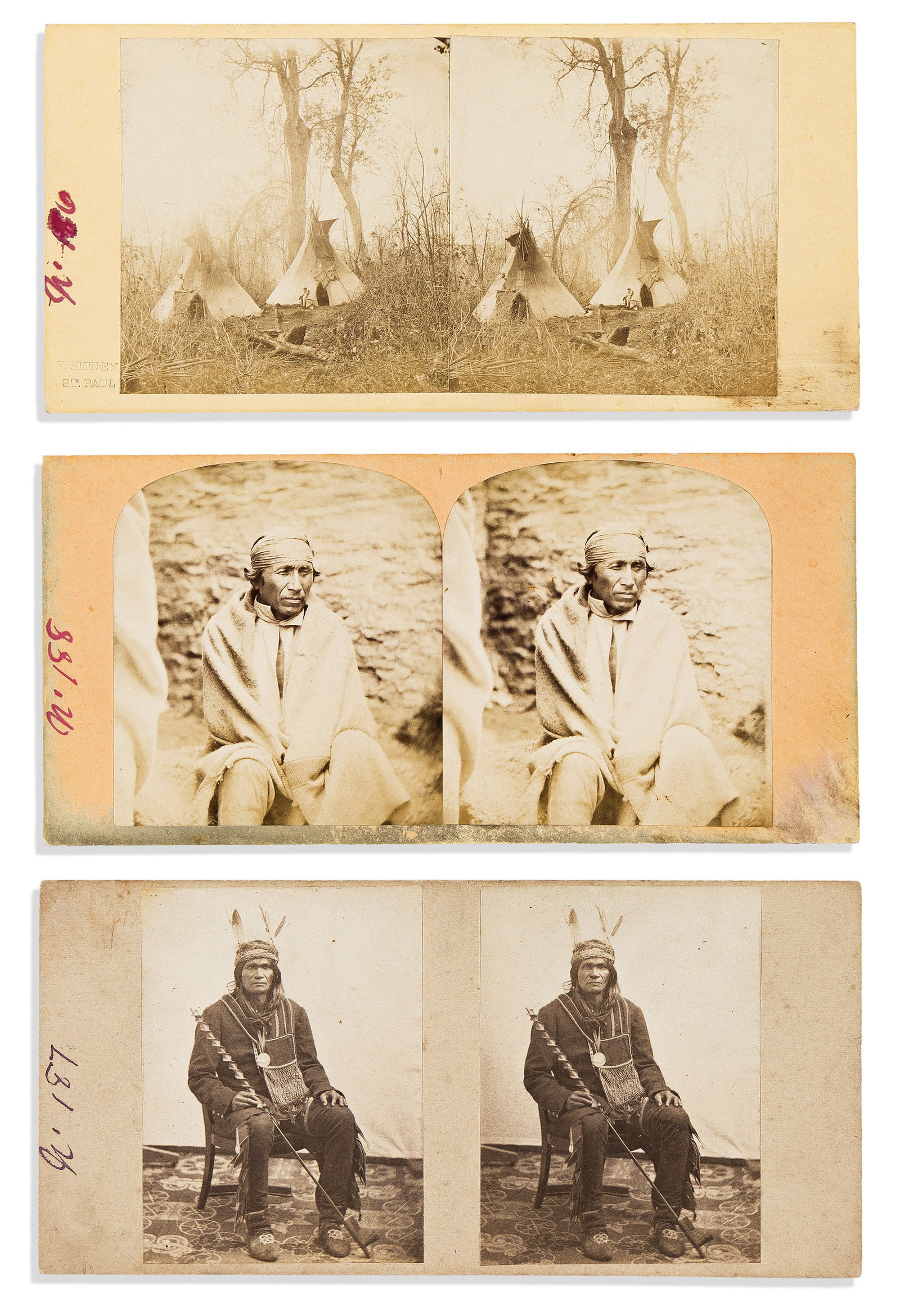 (AMERICAN INDIANS--PHOTOGRAPHS.) Martin's Gallery. Three early stereoviews of Minnesota Indians. St. (1 of 1)