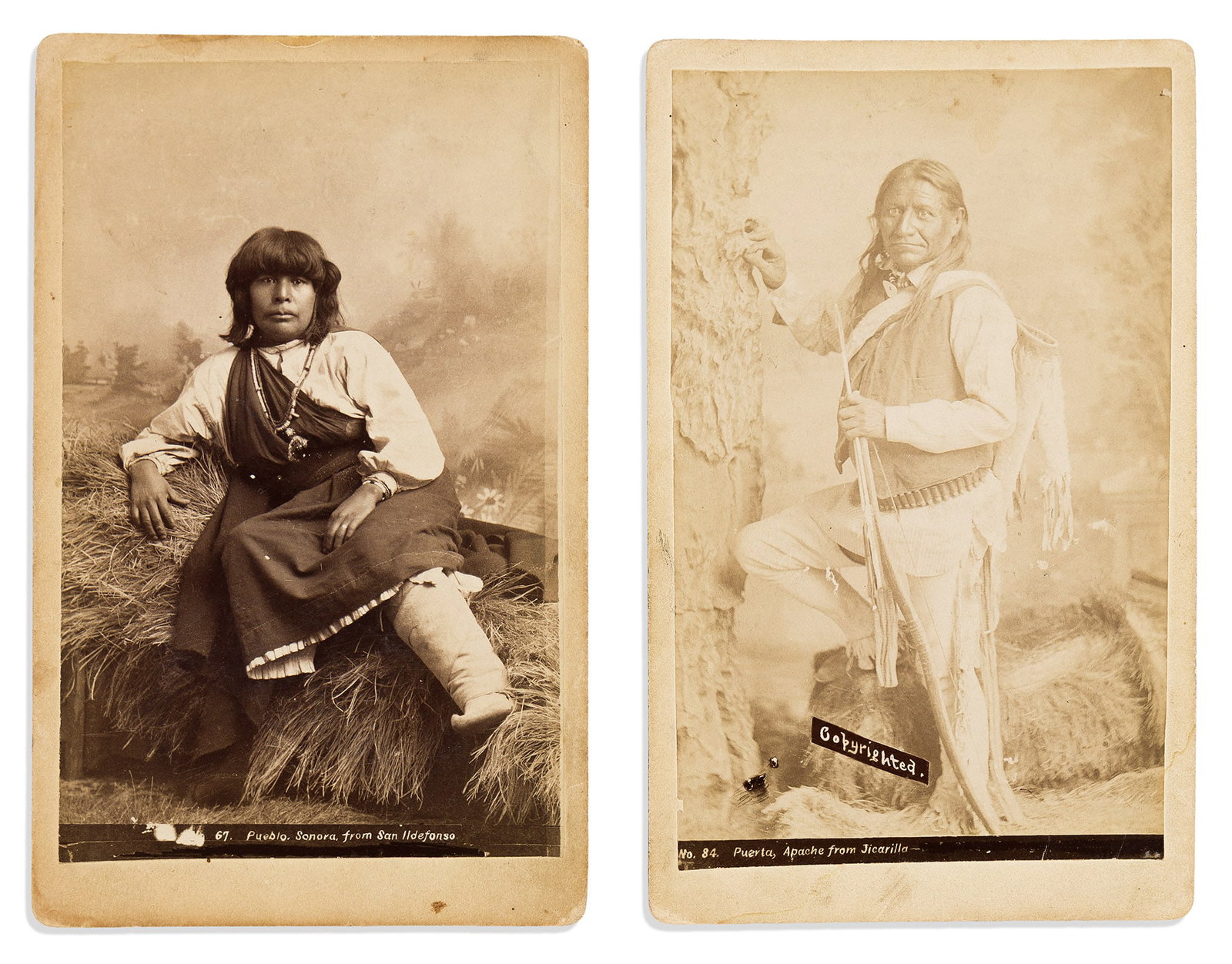 (AMERICAN INDIANS--PHOTOGRAPHS.) [Dana Chase, photographer.] Boudoir card portraits of two American: [Dana Chase, photographer.] Boudoir card portraits of two American Indians. [New Mexico], circa 1890 Albumen photographs, each about 7 x 4½ inches, captioned in negative, on original card mounts 