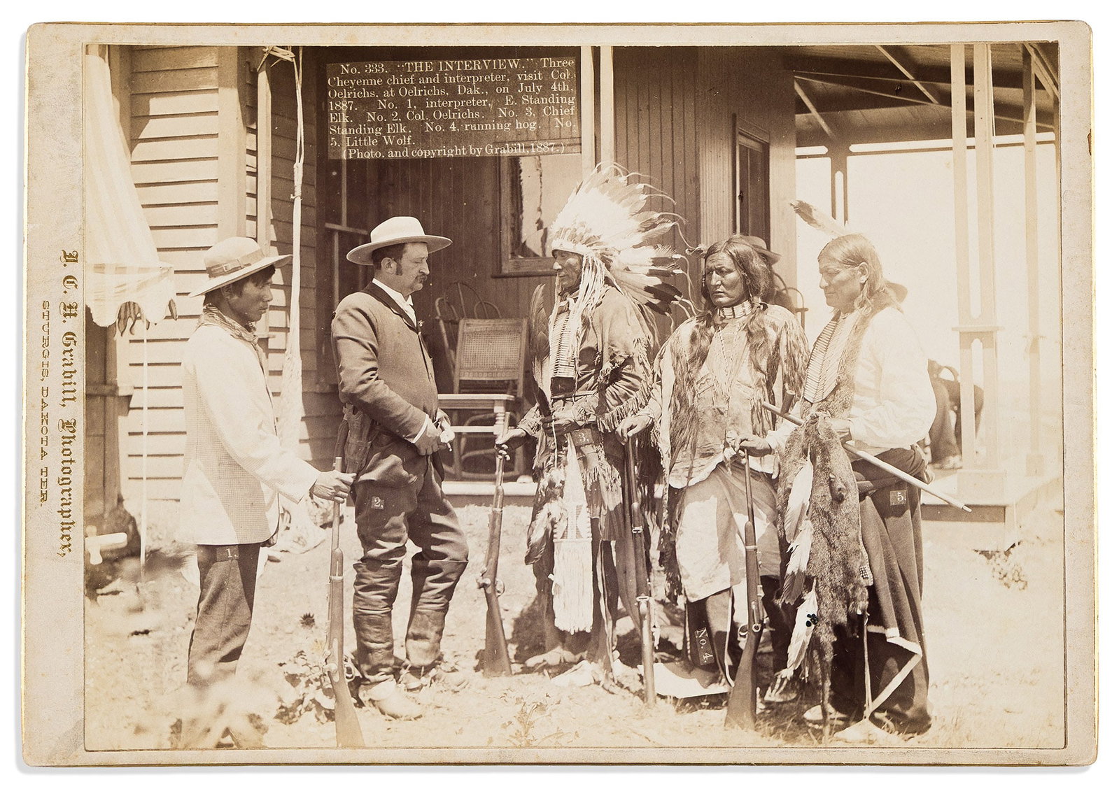(AMERICAN INDIANS--PHOTOGRAPHS.) John C.H. Grabill., The Interview. Sturgis, SD, 1887: John C.H. Grabill. The Interview. Sturgis, SD, 1887 Albumen photograph, 6¼ x 8¾ inches, on photographer's printed mount, captioned in negative; minimal wear, red "I" inked on verso. The capt