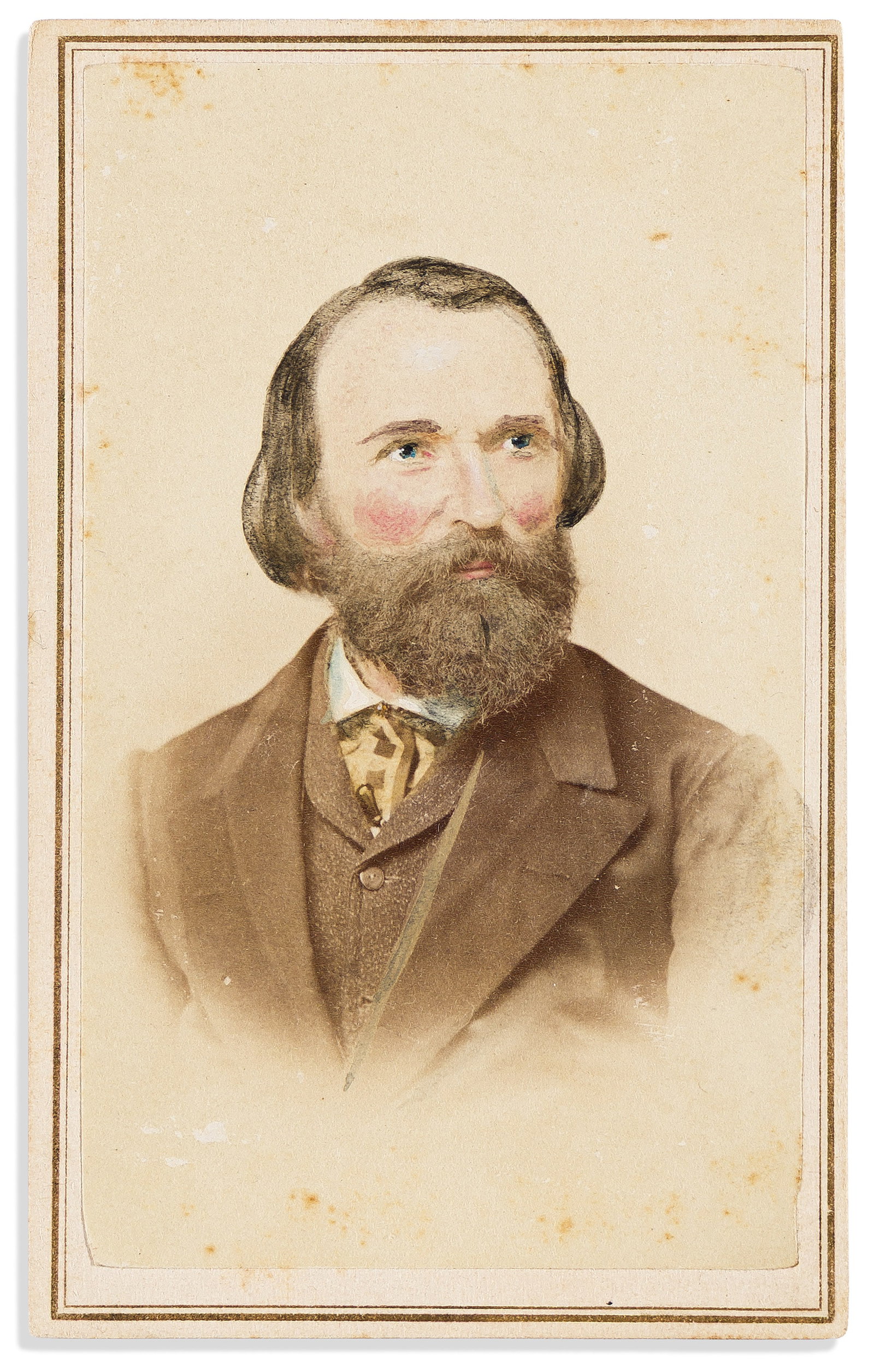 (ART.) William Sidney Mount. Carte-de-visite portrait, signed and inscribed, circa mid-1860s: William Sidney Mount. Carte-de-visite portrait, signed and inscribed. New York, mid-1860s Hand-colored albumen photograph, 3½ x 2 inches, on original mount with backmark of photographer John H. G
