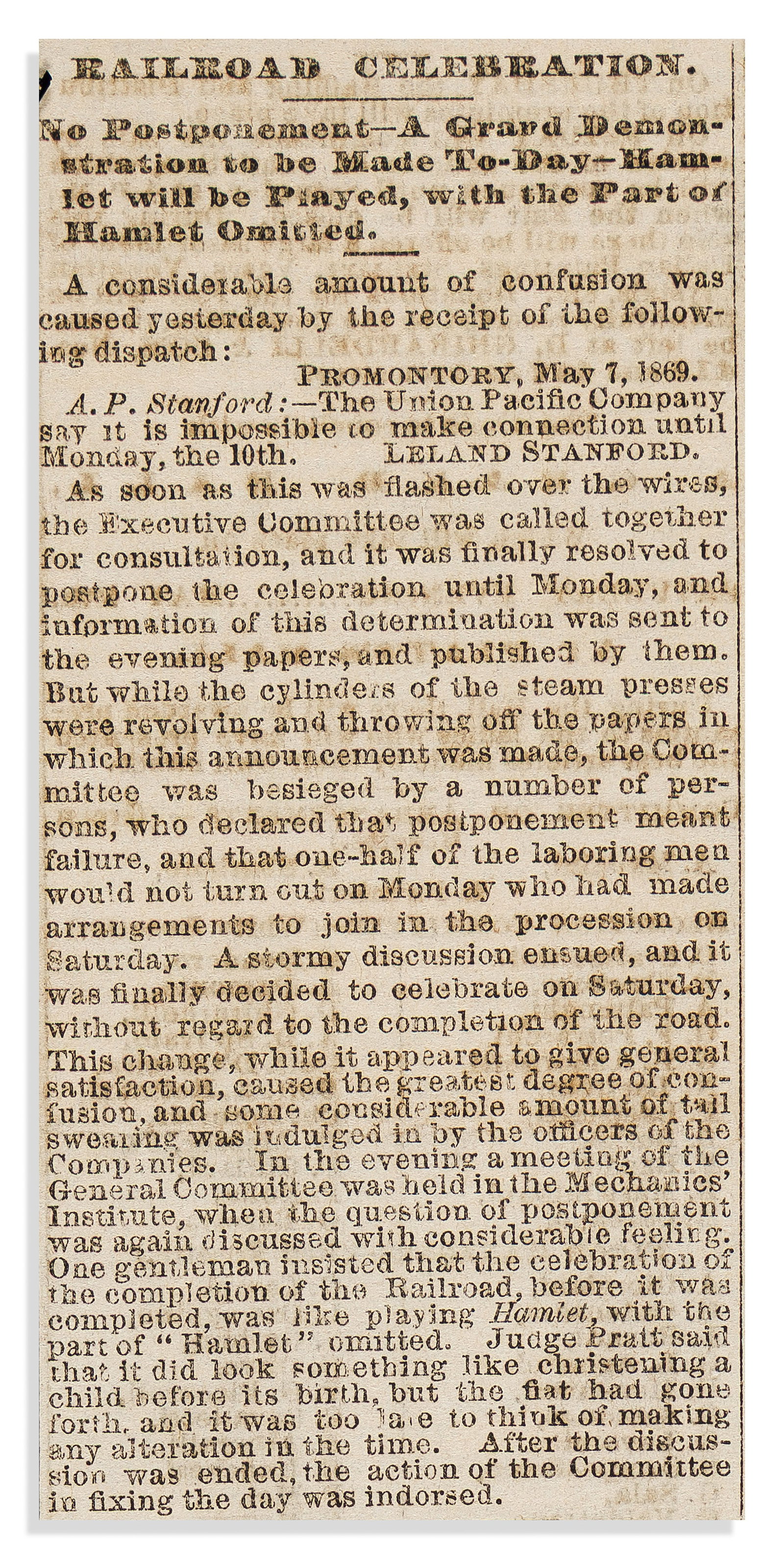 (CALIFORNIA.) Transcontinental Railroad celebration, described in the San Francisco Daily Morning (1 of 1)