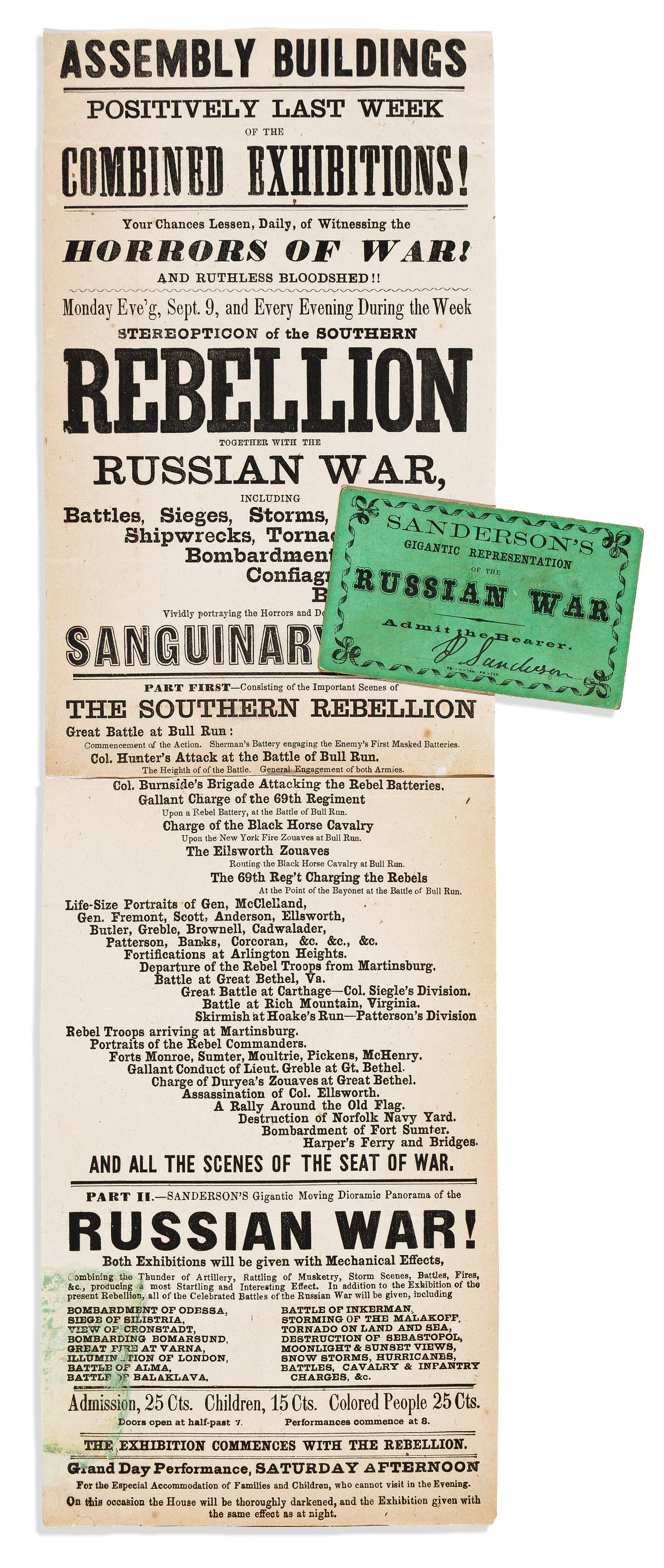 (CIVIL WAR.) Broadside for an exhibition featuring an early "stereopticon of the Southern (1 of 1)