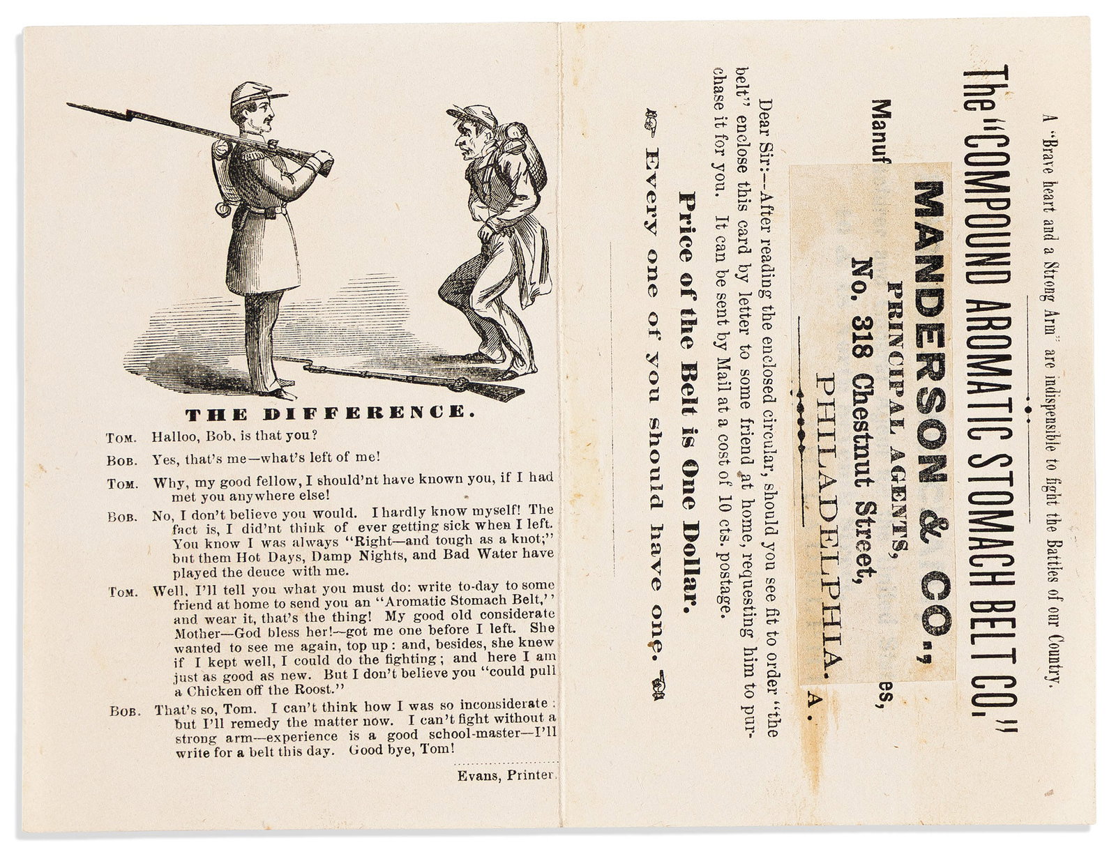 (CIVIL WAR.) The Compound Aromatic Stomach Belt, advertising slip. Philadelphia, circa 1861 (1 of 1)