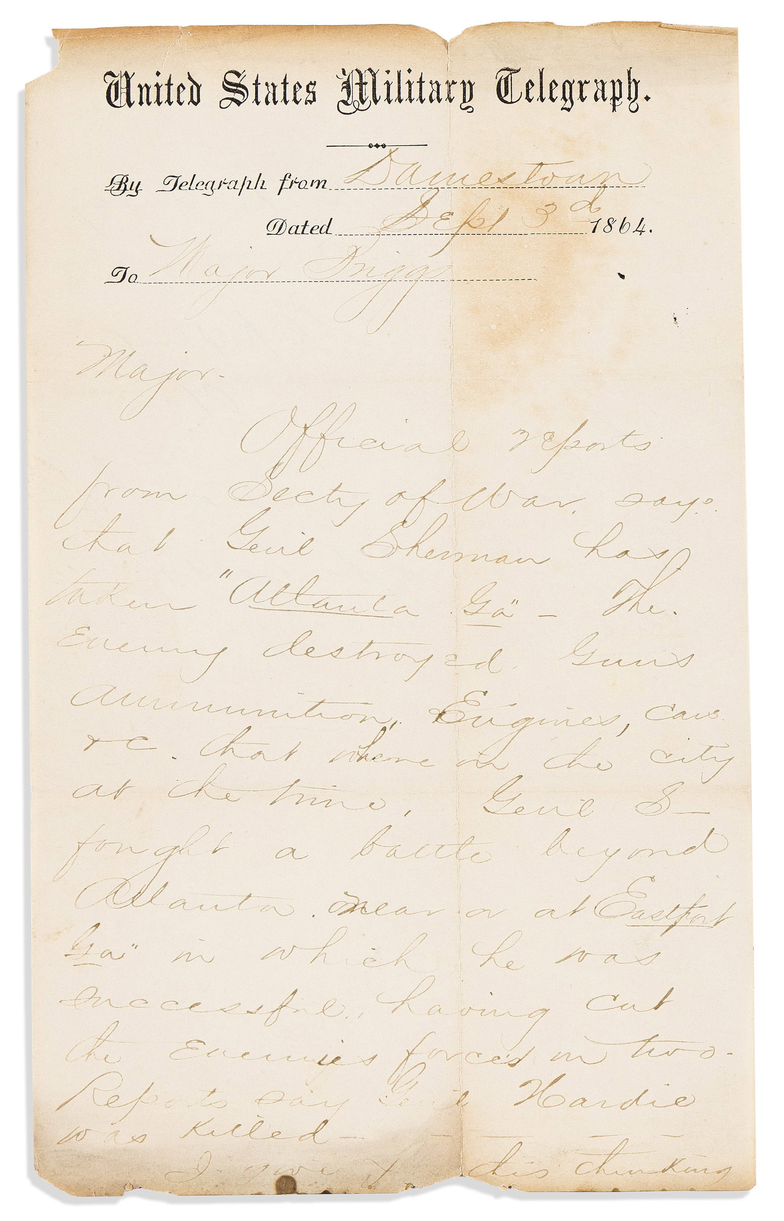 (CIVIL WAR.) Telegraph message reporting on Sherman's capture of Atlanta. Jamestown, VA(?), 3 (1 of 1)