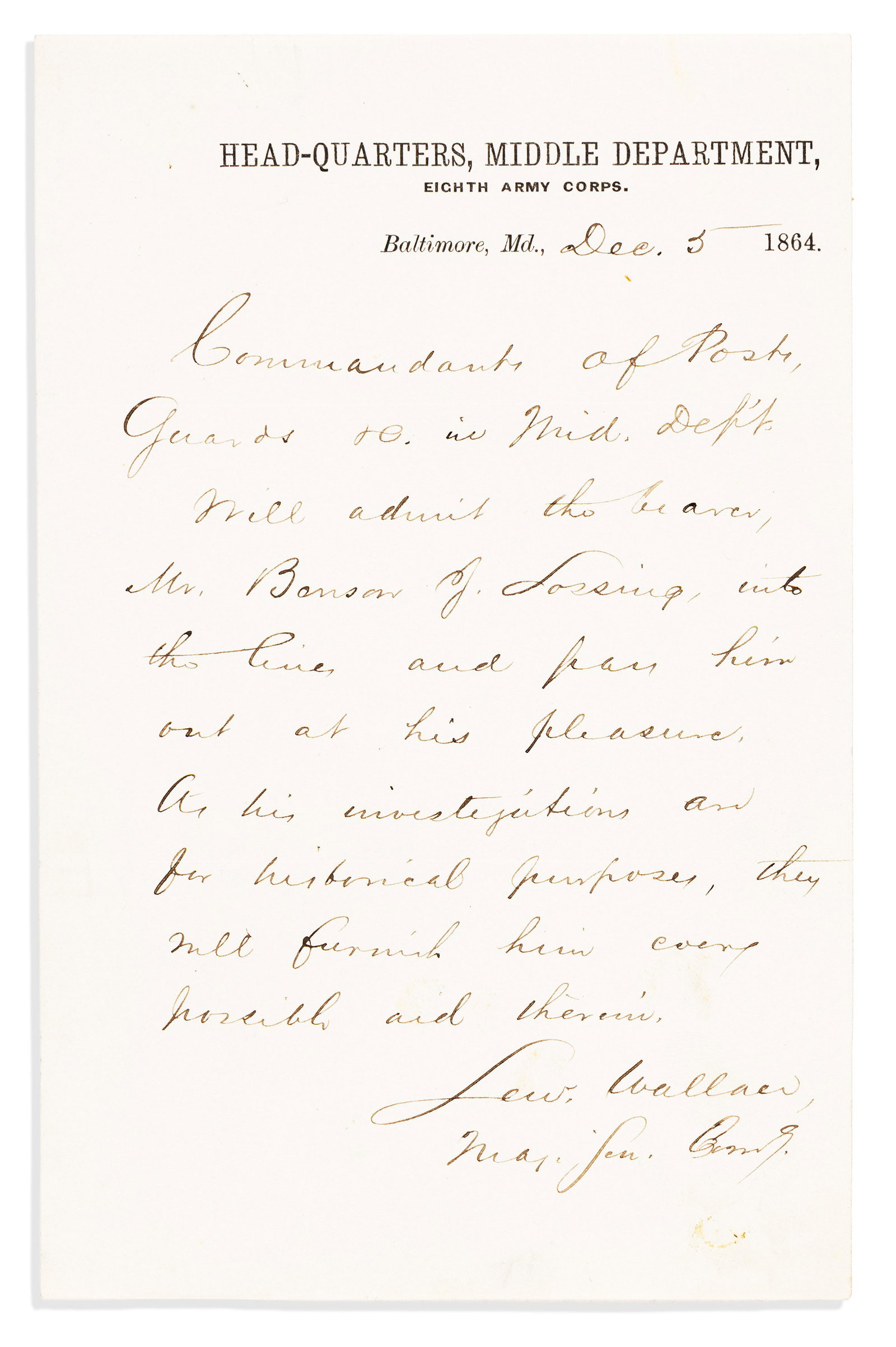 (CIVIL WAR.) Lew Wallace. Letter allowing passage to the front to historian Benson Lossing, 5 (1 of 1)