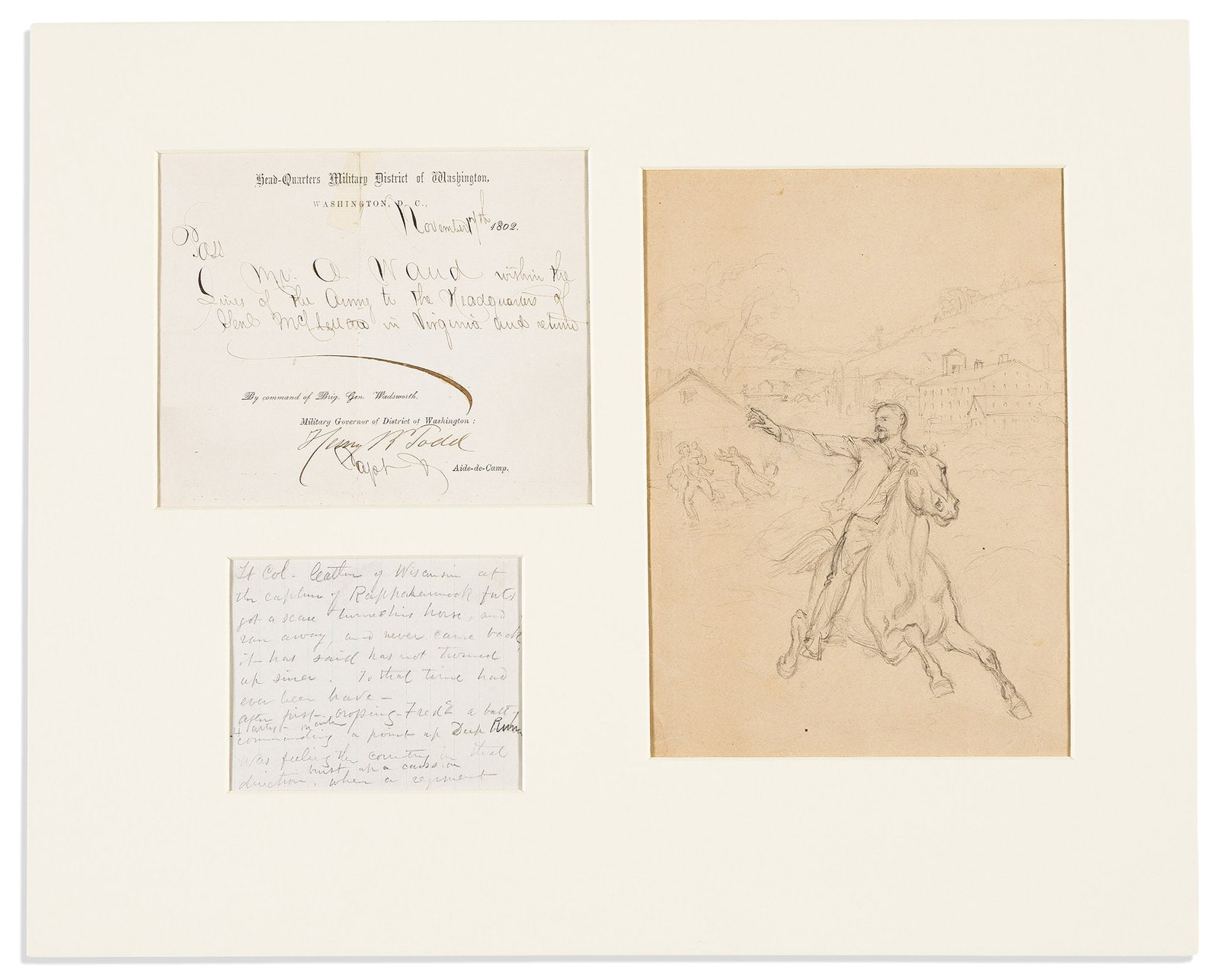 (CIVIL WAR--ART.) Alfred Waud. Pencil sketch of a Wisconsin colonel, with Waud's notes and his (1 of 1)