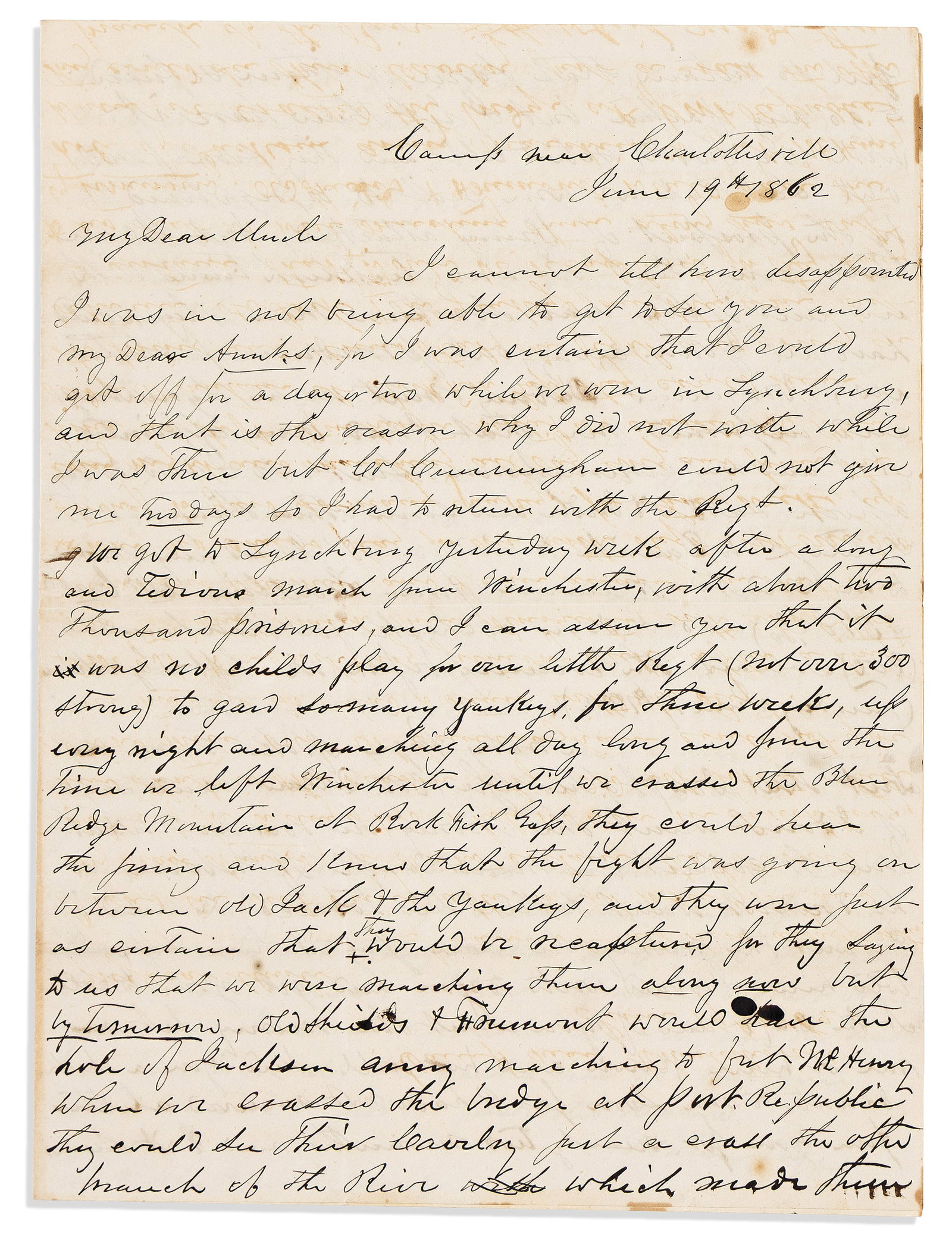 (CIVIL WAR--CONFEDERATE.) Mann Page. Description of 2000 captured Union soldiers being marched to: Mann Page. Description of 2000 captured Union soldiers being marched to prison. Near Charlottesville, VA, 19 June 1862 Autograph Letter Signed to his uncle David Coupland Randolph (1804-1886). 3 