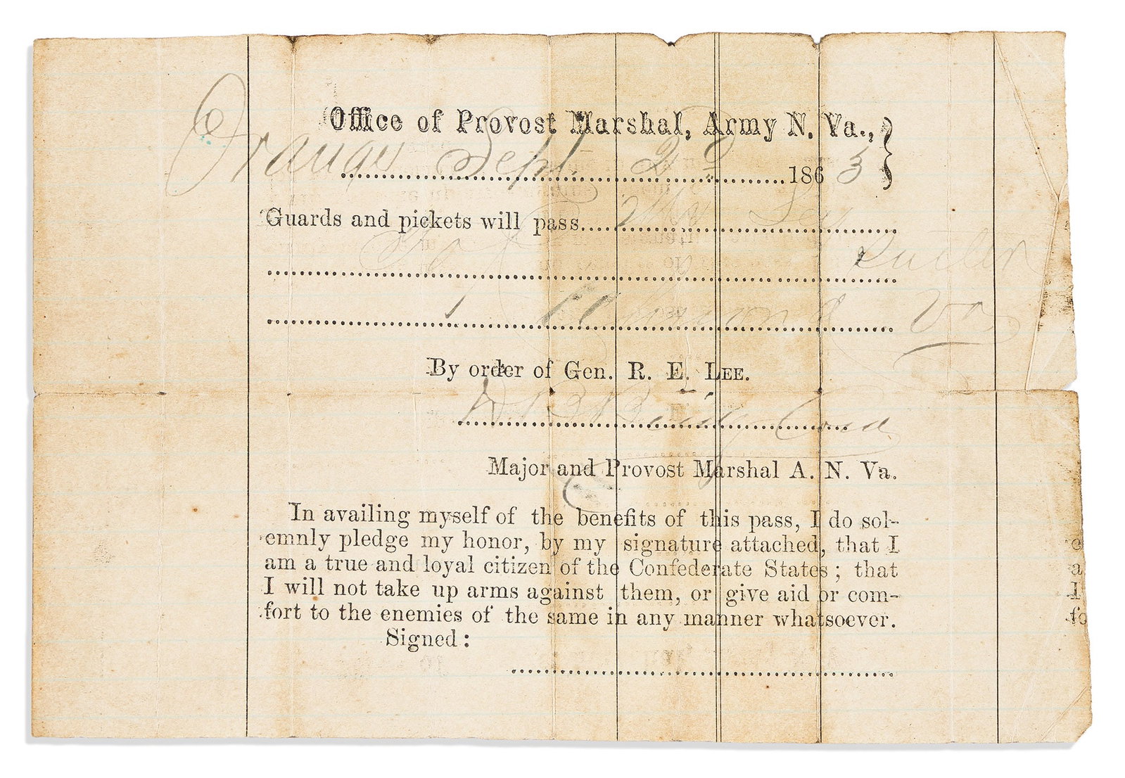 (CIVIL WAR--CONFEDERATE.) Pre-printed pass from the Army of Northern Virginia. Orange, VA, 2 (1 of 1)