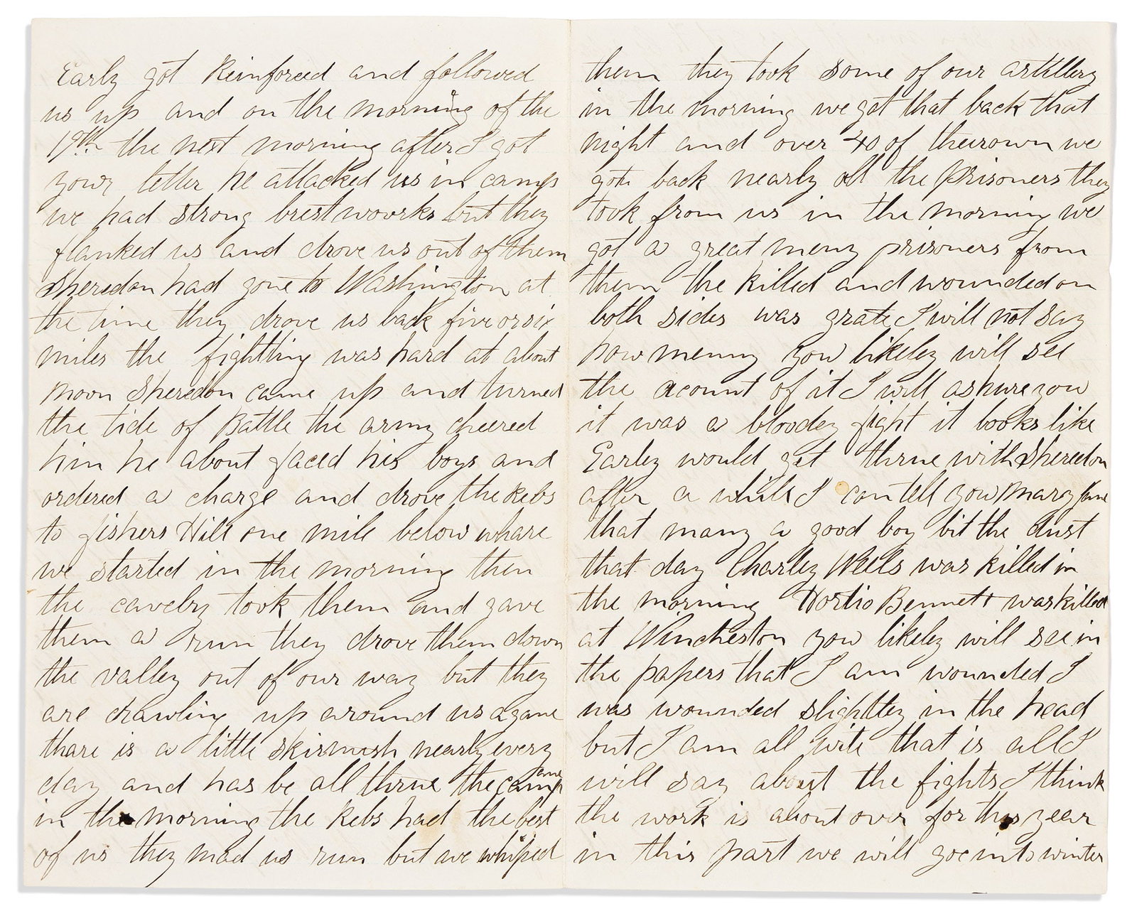(CIVIL WAR--CONNECTICUT.) John Lee Powell. Letter describing Sheridan's dramatic return at the: John Lee Powell. Letter describing Sheridan's dramatic return at the Battle of Cedar Creek. Shenandoah Valley, VA, 25 October 1864 Autograph Letter Signed to sister Mary Jane Powell of Stepney Depot, 