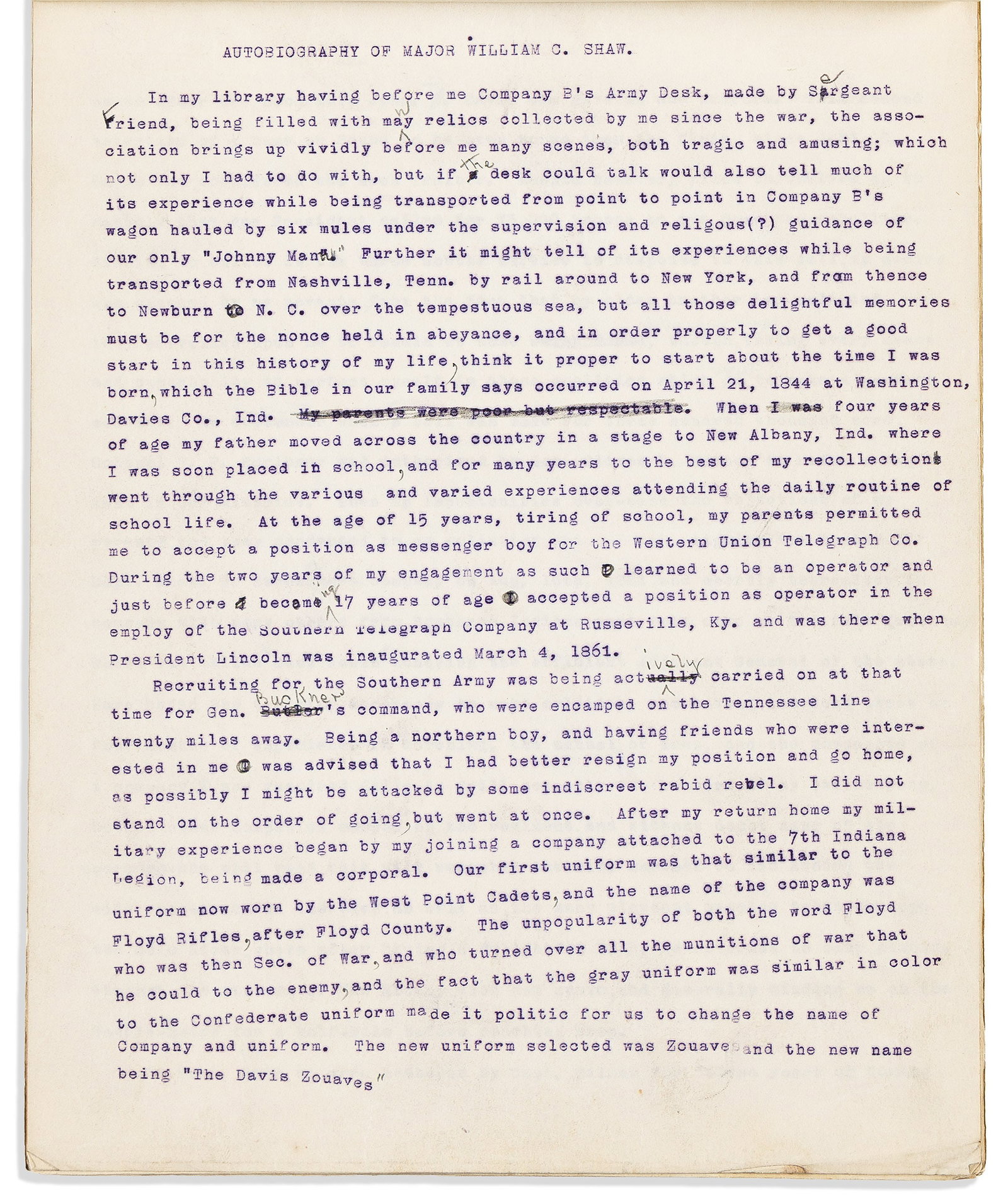 (CIVIL WAR--INDIANA.) Autobiography of Major William C. Shaw, circa 1904 (1 of 1)