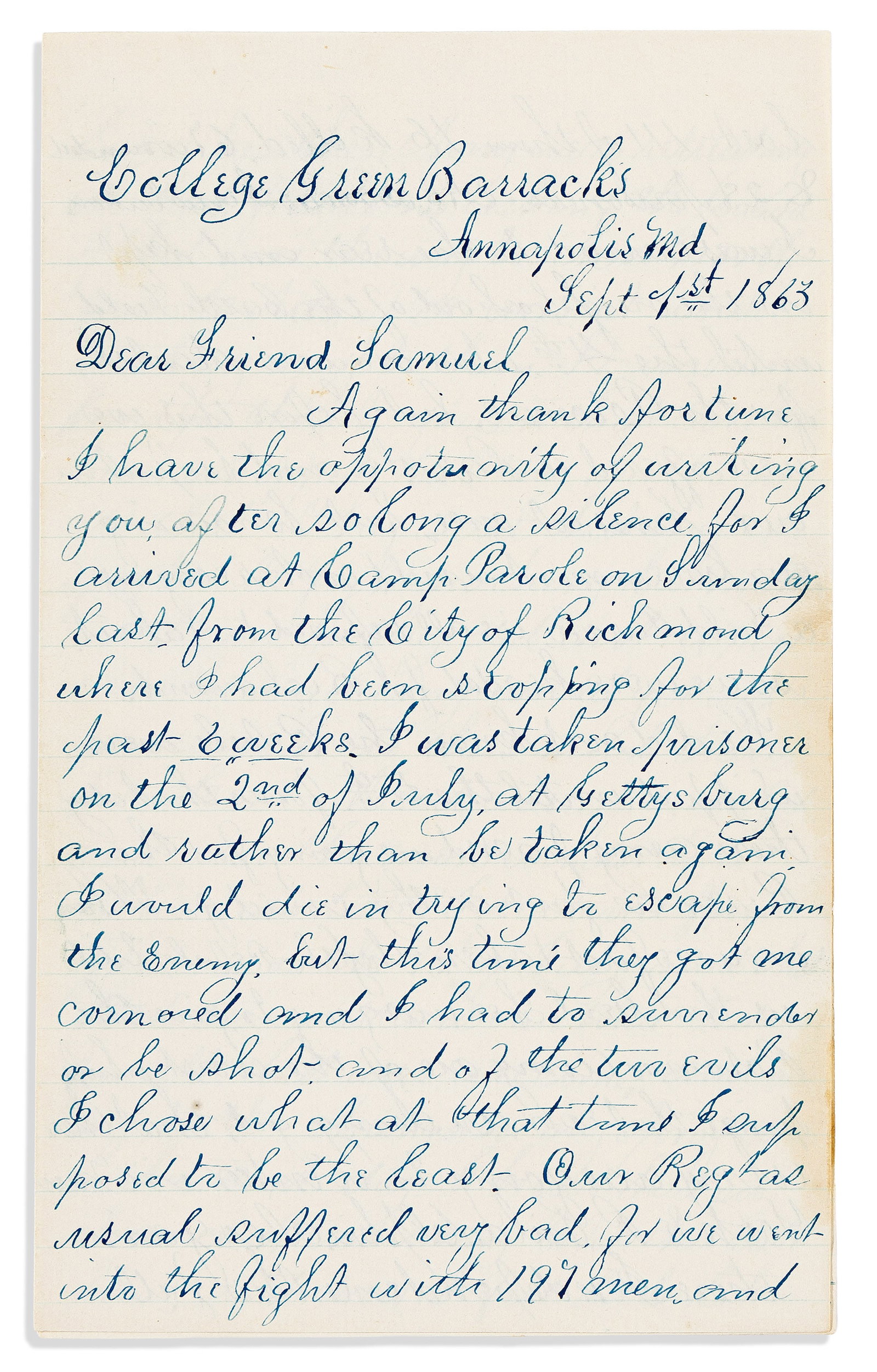 (CIVIL WAR--MAINE.) H.A. Johnson. Letter on his capture at Gettysburg, and imprisonment at Belle (1 of 1)