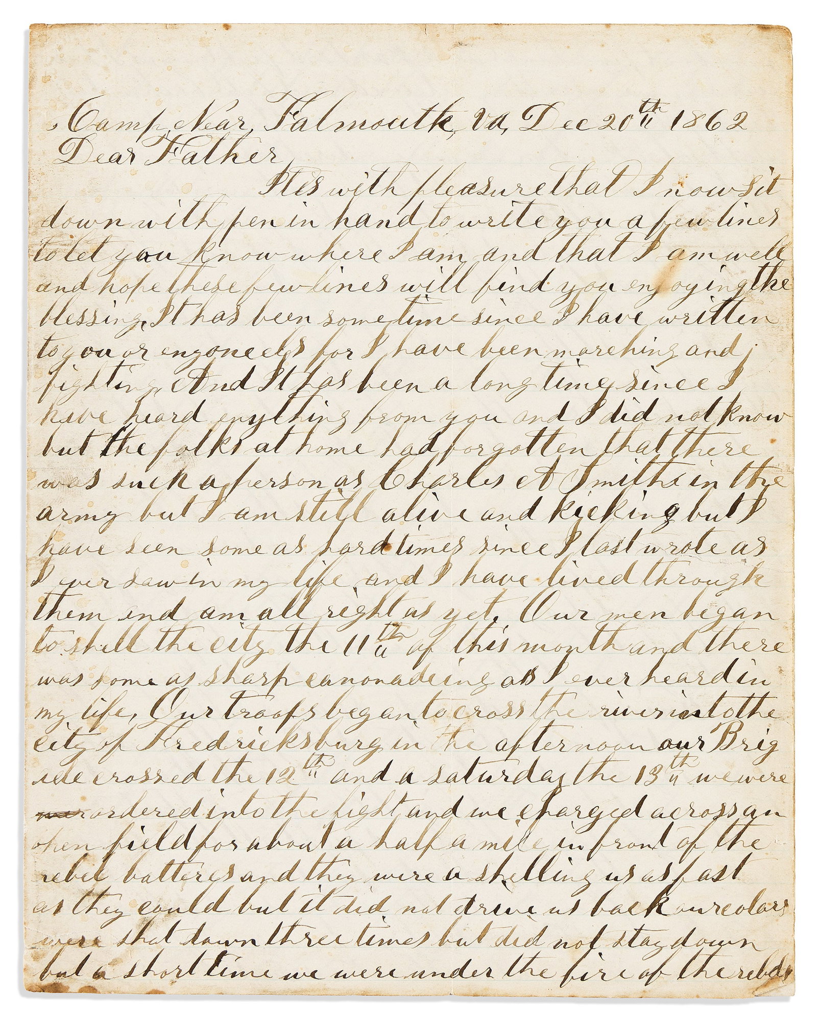 (CIVIL WAR--MASSACHUSETTS.) Charles A. Smith. Letter describing the Battle of Fredericksburg, 20 (1 of 1)