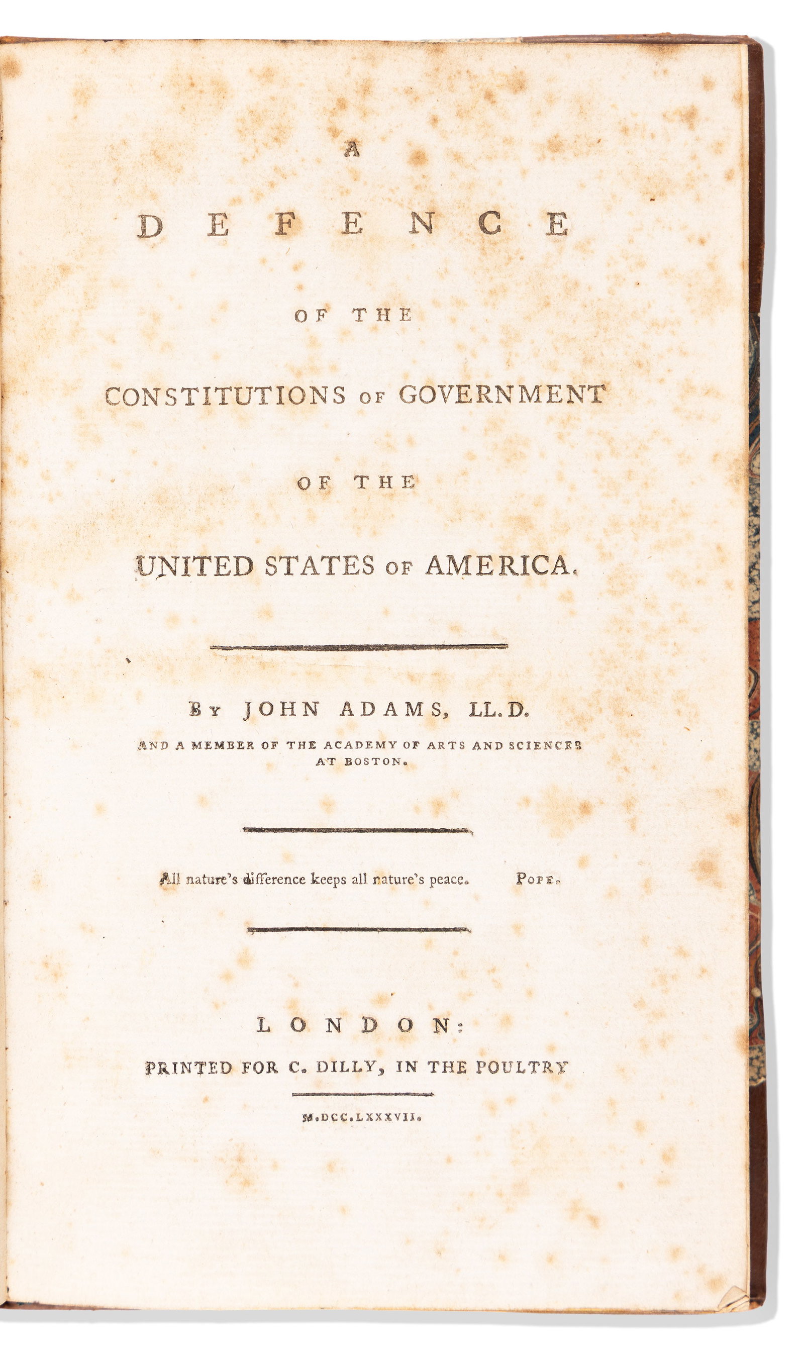 (CONSTITUTION.) John Adams. A Defence of the Constitutions of Government of the United States of (1 of 1)