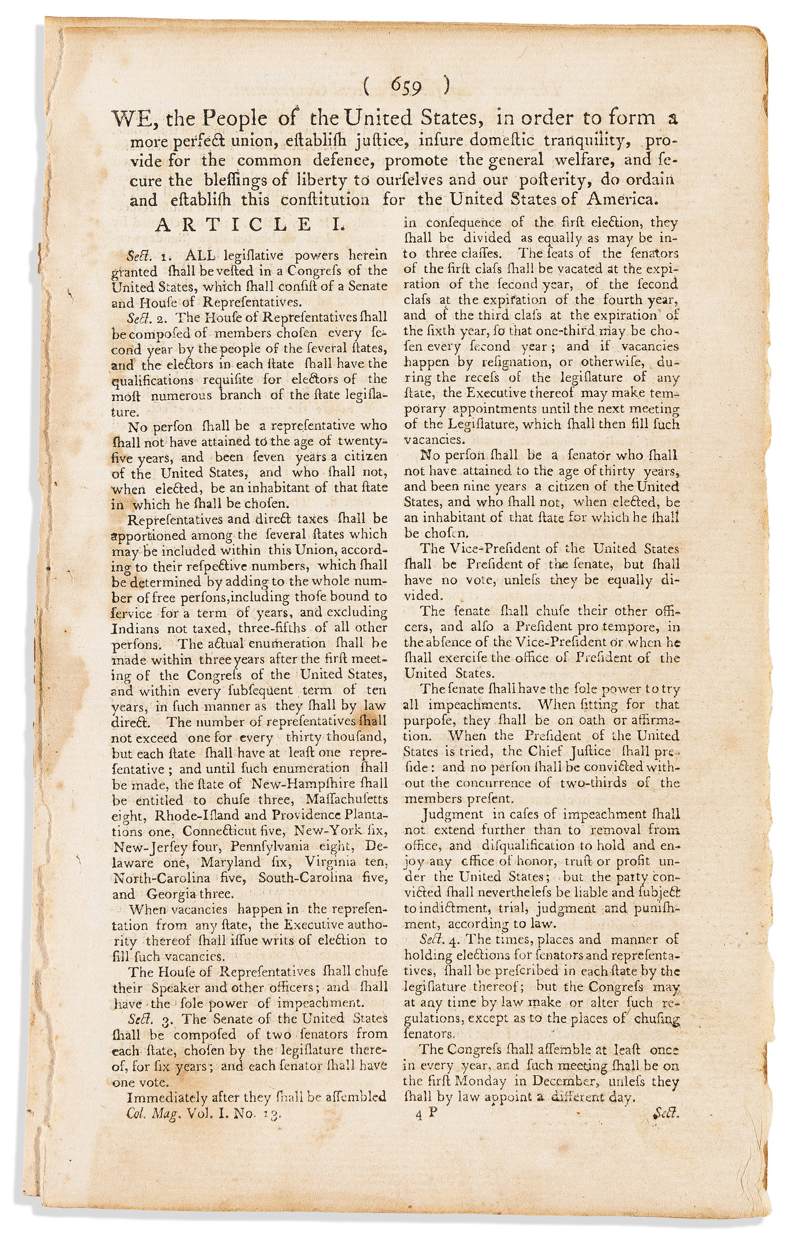 (CONSTITUTION.) The United States Constitution, excerpted from the Columbian Magazine. Philadelphia, (1 of 1)