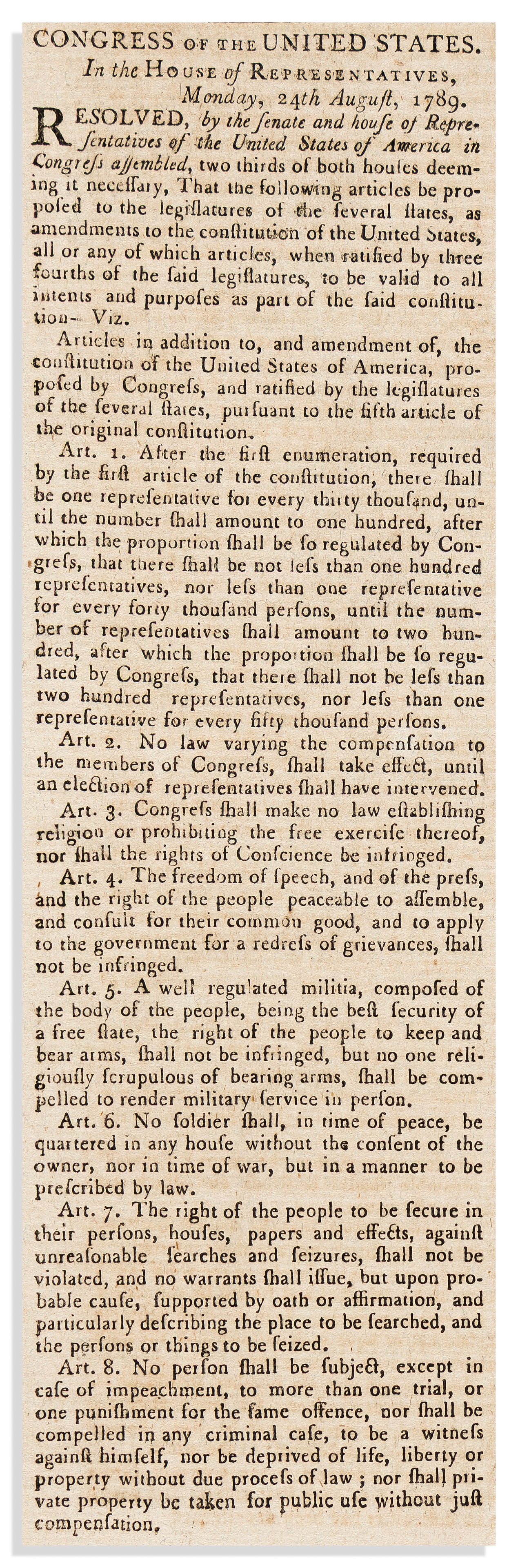 (CONSTITUTION.) Very early printing of the House version of the Bill of Rights, in the New-York (1 of 3)