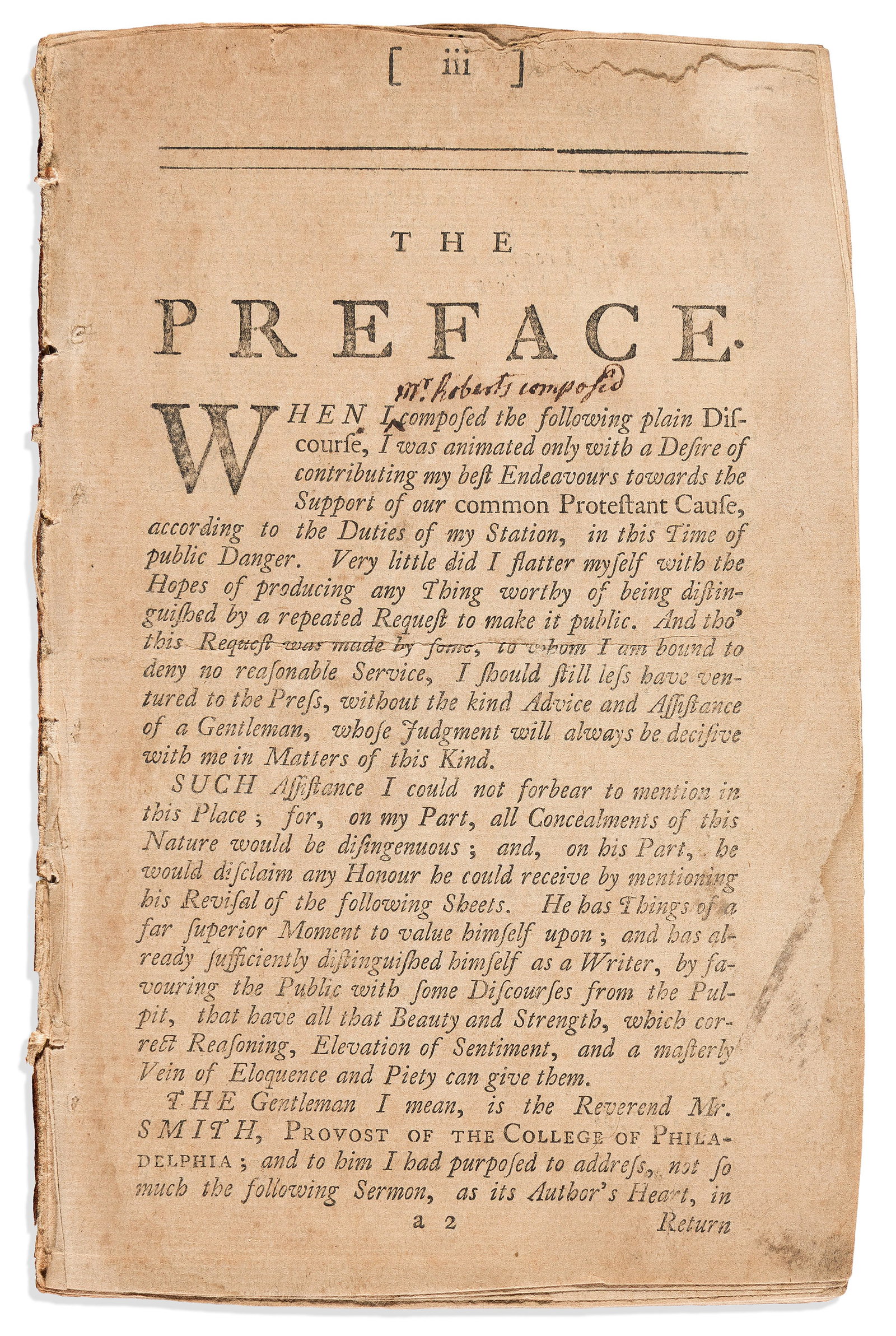 (EARLY AMERICAN IMPRINT.) Thomas Barton. [Unanimity and . . . after General Braddock's Defeat.]: PRINTED BY FRANKLIN Thomas Barton (1730-1780) [Unanimity and Public Spirit. A Sermon Preached at Carlisle . . . Soon after General Braddock's Defeat.] [Philadelphia: B. Franklin and D. Hall, 1755]