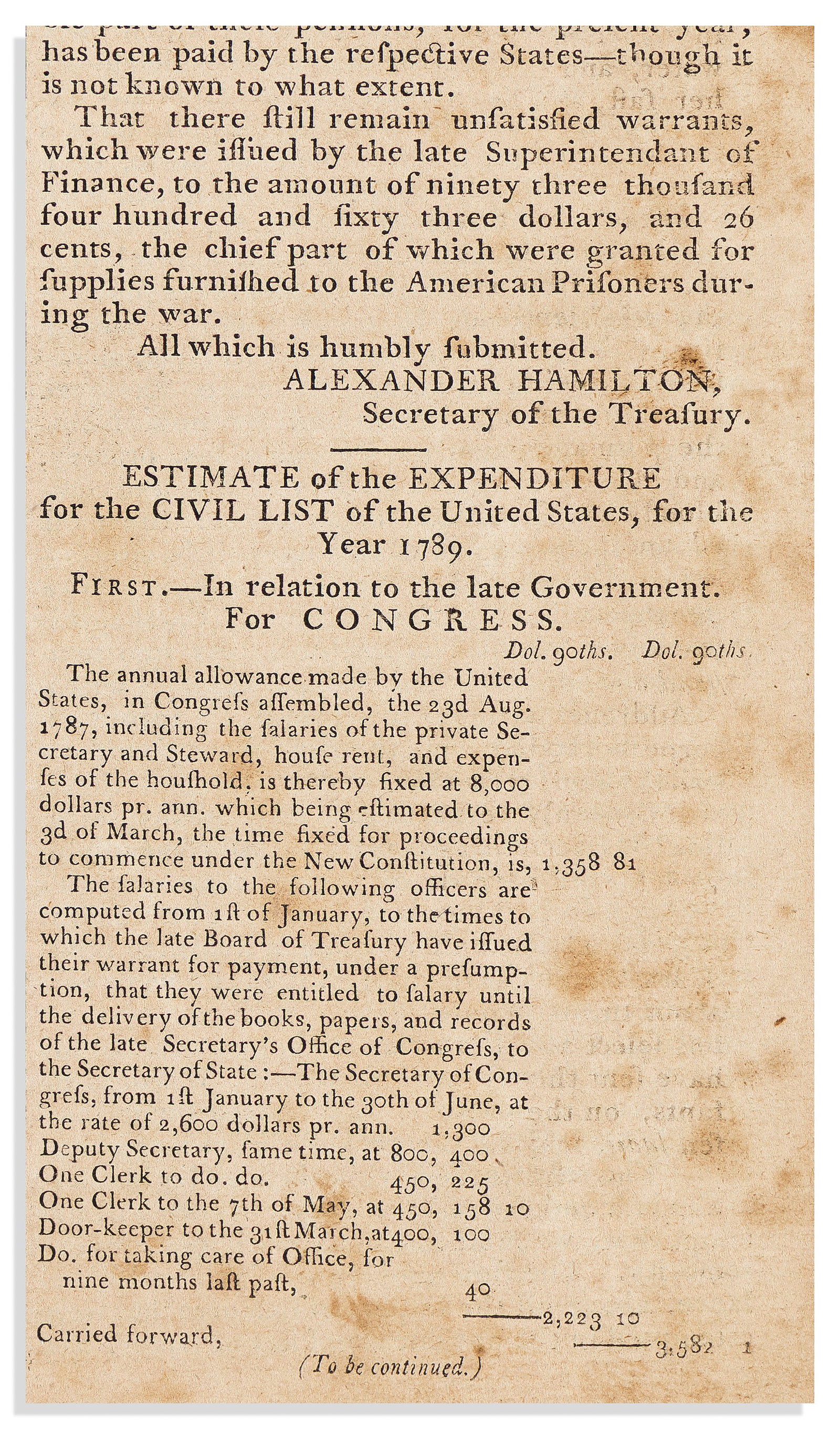 HAMILTON. His first report as Secretary of the Treasury, in the Gazette of the United States, 10 (1 of 2)