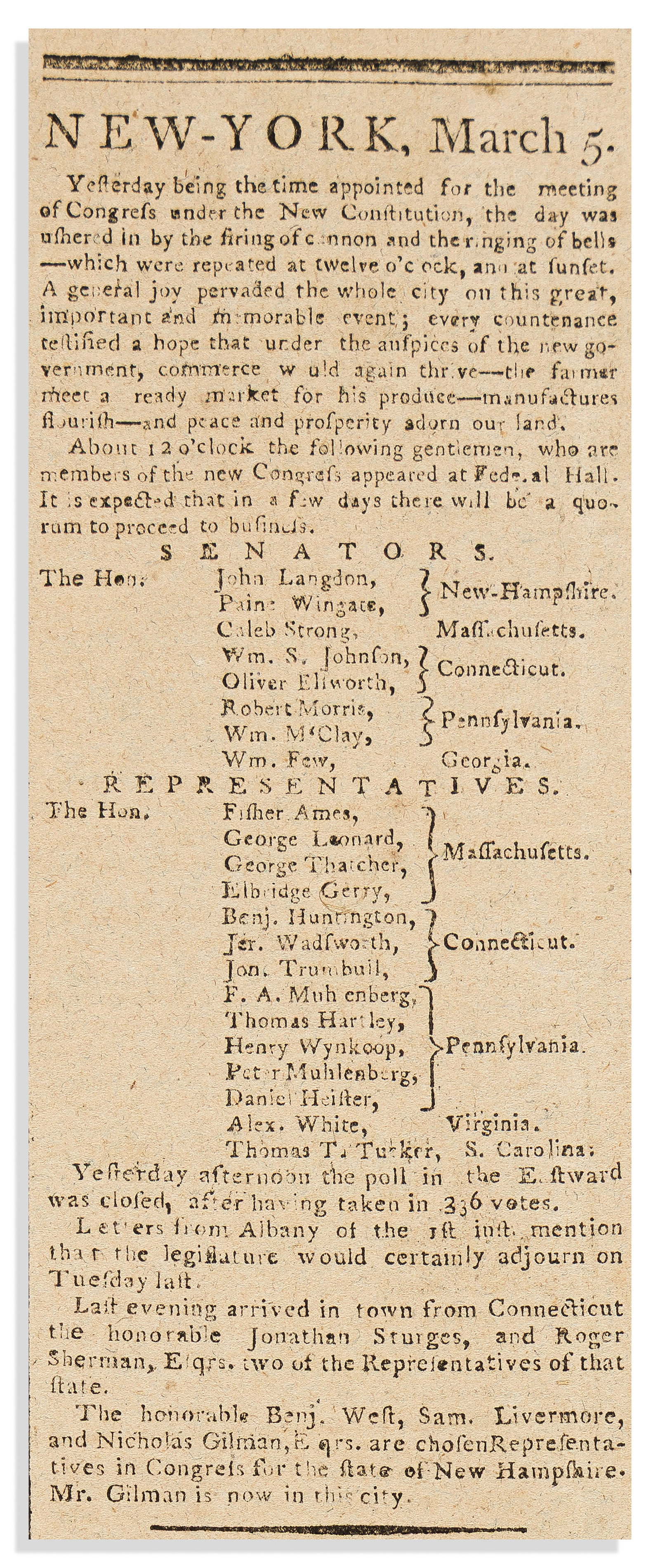 (LAW.) First meeting of Congress, as described in the Daily Advertiser. New York, 5 March 1789 (1 of 1)