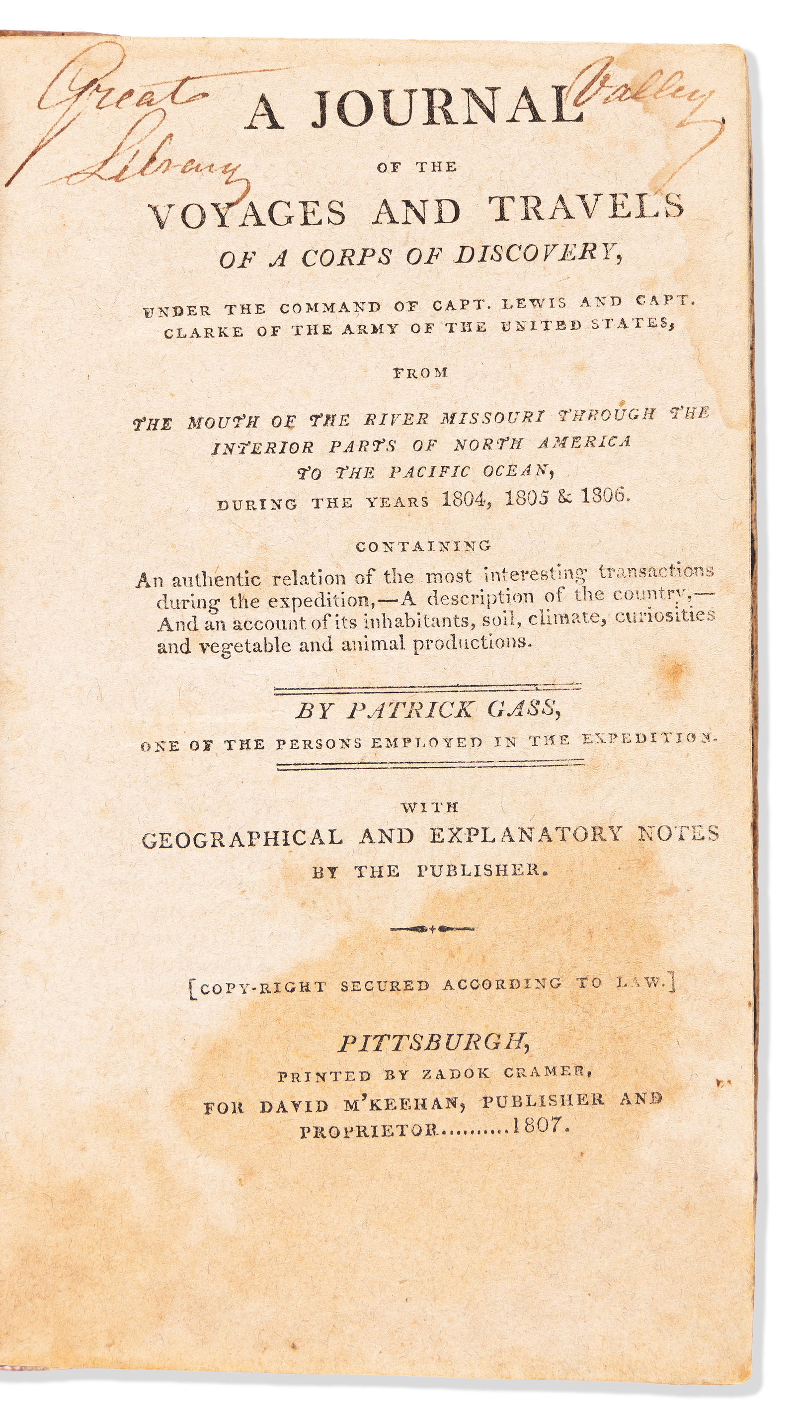 (LEWIS AND CLARK.) Patrick Gass. A Journal . . . under the Command of Capt. Lewis and Capt. Clarke. (1 of 2)