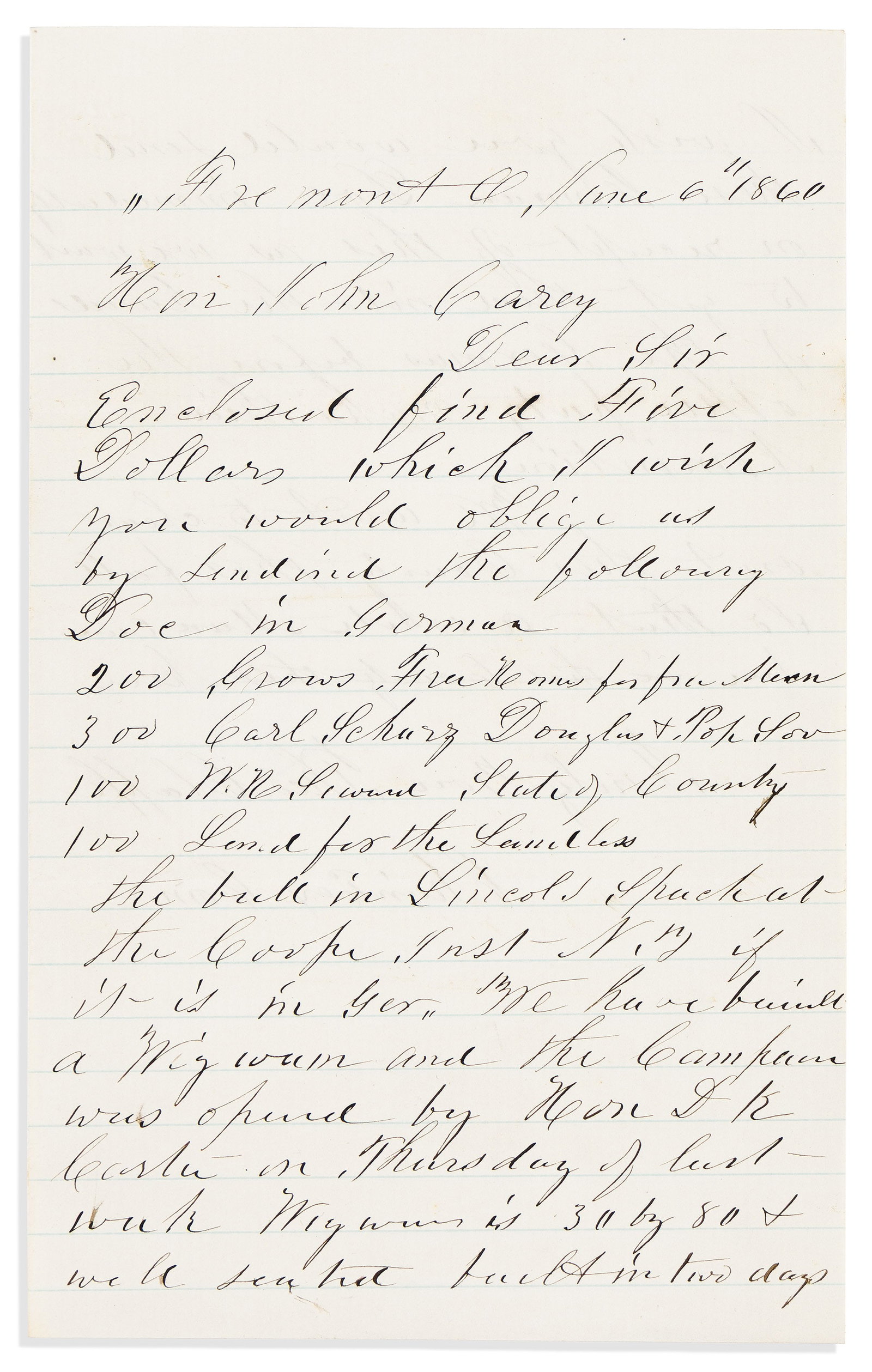 (LINCOLN.) Letter describing a new Lincoln Wigwam in Ohio, and ordering copies of the Cooper Union (1 of 1)