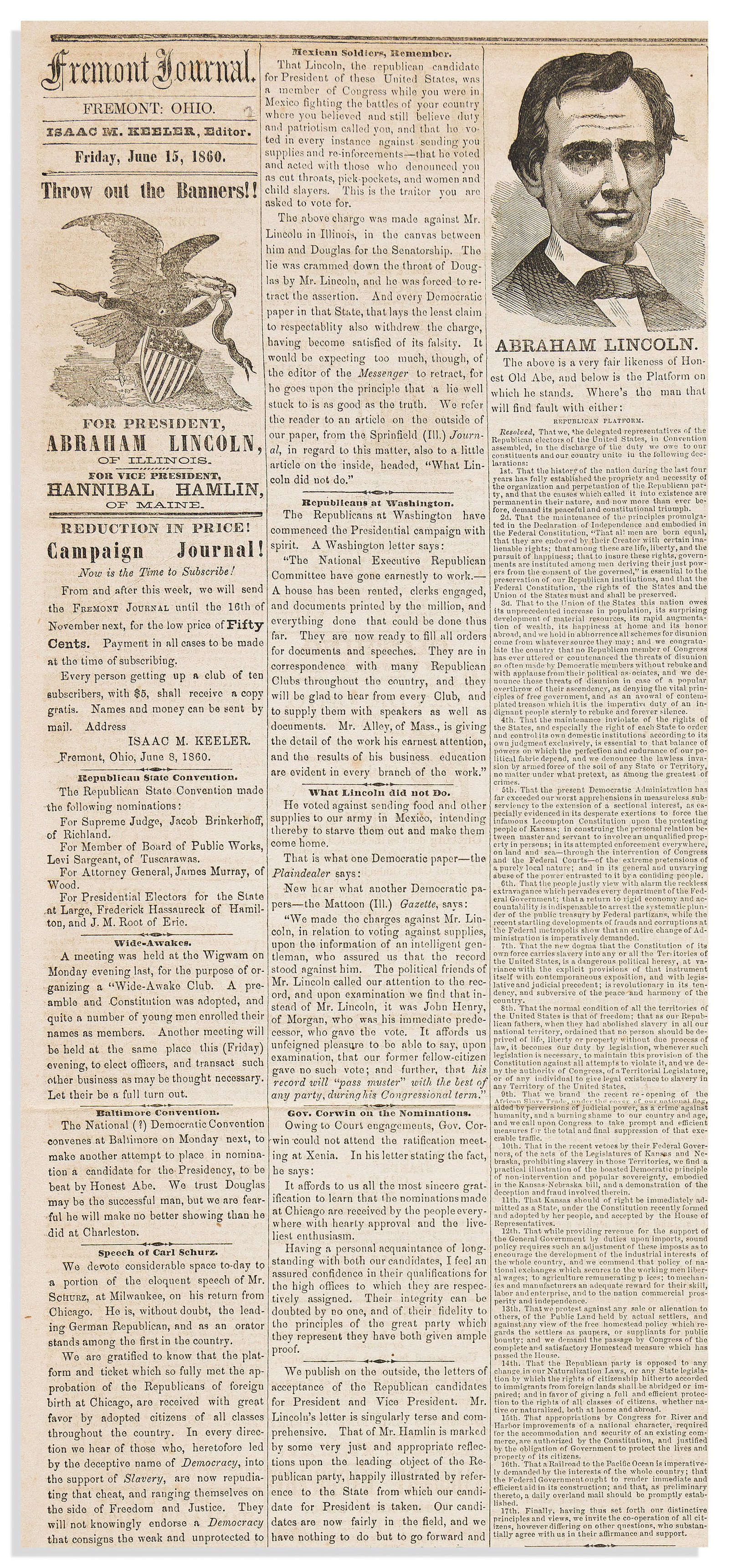 (LINCOLN.) The Fremont Journal, an illustrated Lincoln campaign newspaper, 15 June 1860: The Fremont Journal, an illustrated Lincoln campaign newspaper. Fremont, OH, 15 June 1860 4 pages, 23½ x 18 inches, on one folding sheet; stitch holes in margin, horizontal fold, moderate dampsta
